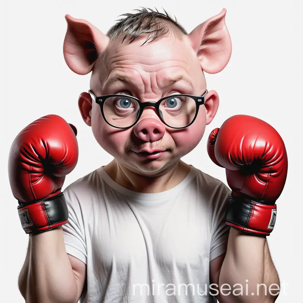 White, male person, looking like a piglet, with pair of glasses, extremely short hair, broad, low face, piglet with glasses in the hand covered in boxing gloves; looking fearce and friendly