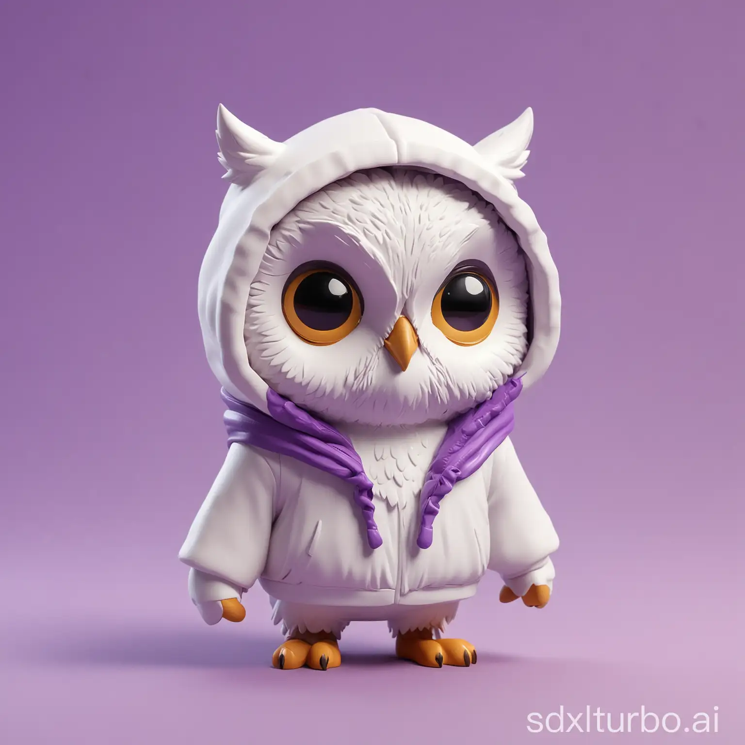 Chibi Vinyl toy 3D character of an owl, isometric render minimalist style, wearing a white hoodie with purple background