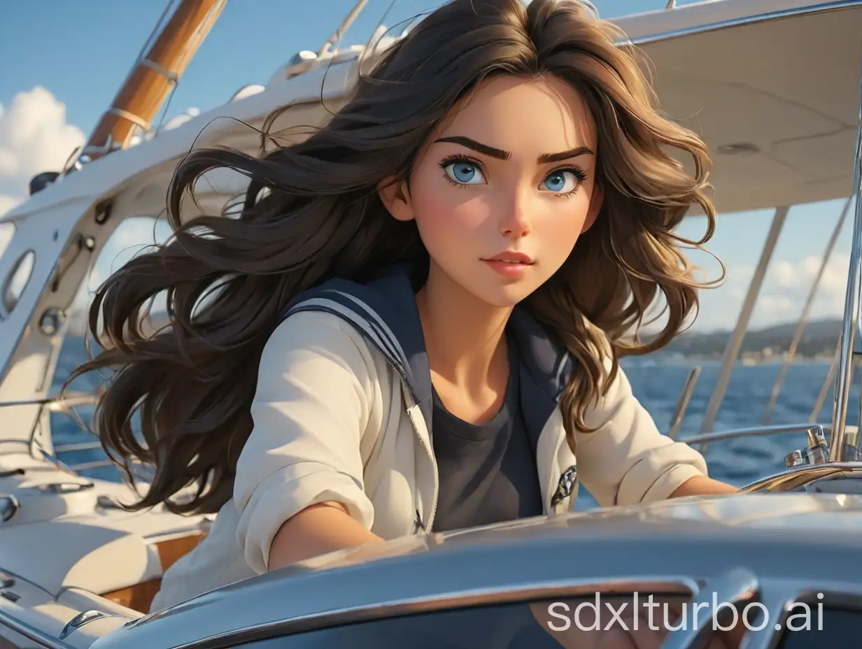 An amazing dynamic 3D photorealistic cartoon of a 21 year old Caucasian woman driving a yacht, Gold Coast Australia, she has long parted black hair and blue eyes, gel lighting, complex, spectral rendering, inspired by Hiroaki Samura, visually rich, Australia, stunning, 999 centillion resolution, 9999k, accurate color grading, sub-pixel detail, highest quality, Octane 10 render, seamless transitions,  HDR, ray traced, bump mapping, depth of field, ARRI ALEXA Mini LF, ARRI Signature Prime 99999999999999999999999999999999999999999999999999999999999999999999999999999999999999999999999999999999999999999999999999999999999999999999999999999999999999999999999999999999999999999999999999999999999999999999999999999999999999999999999999999999999999999999999999999999999999999999999999999999999999999999999999999999999999999999999999999999999999mm, f/1.8-2L, ar 4:3, illustration, cinematic, 3d render, painting, anime