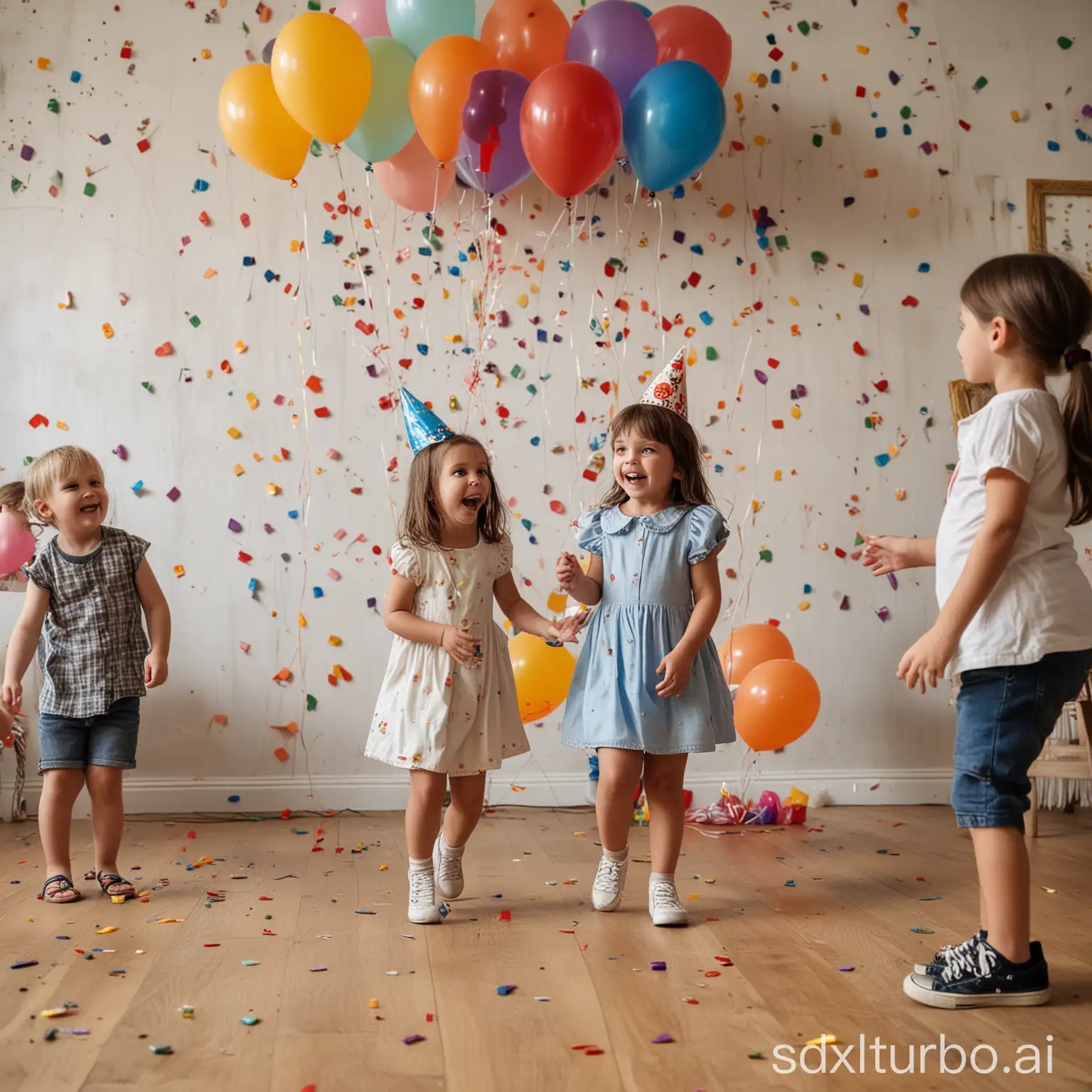 A group of children playing at a birthday party. There is a cake in the background and balloons on the walls.
