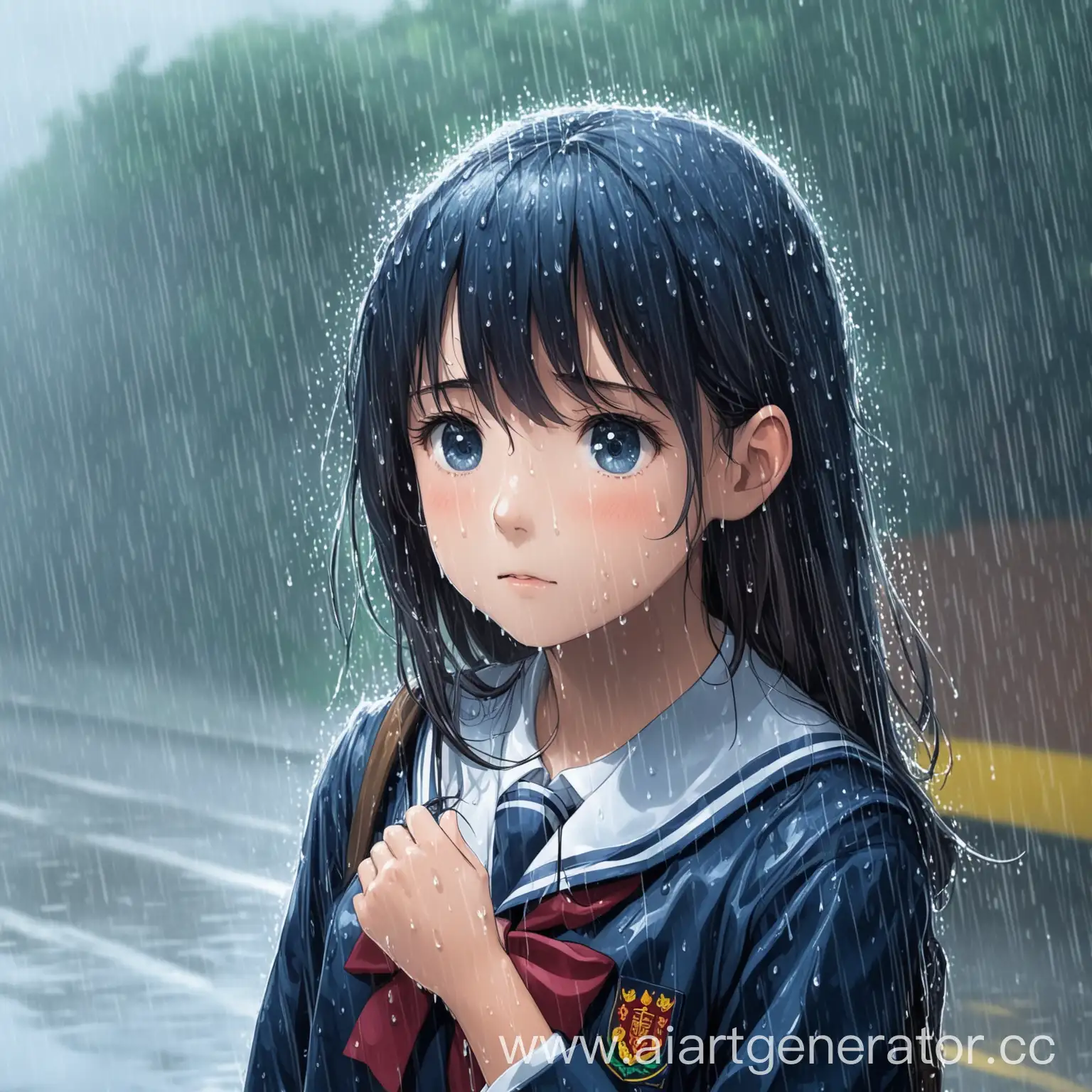 Schoolgirl-in-Uniform-Walking-in-the-Rain