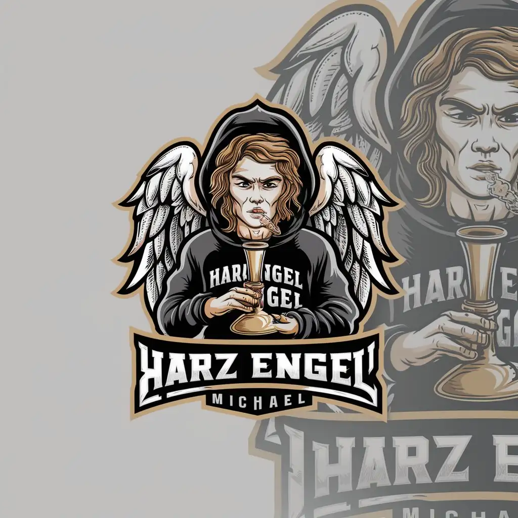 a logo design,with the text "Harz Engel", main symbol:Main Charakter a Angel who smoke weed in a Bong He wear a hoodie with the letters Harz Engel Michael,complex,clear background