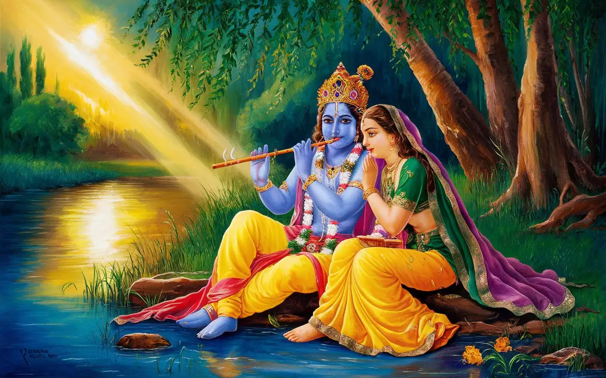   Krishna seated with radha besides a river bed with flute  red sun beam is reflecting between the trees  