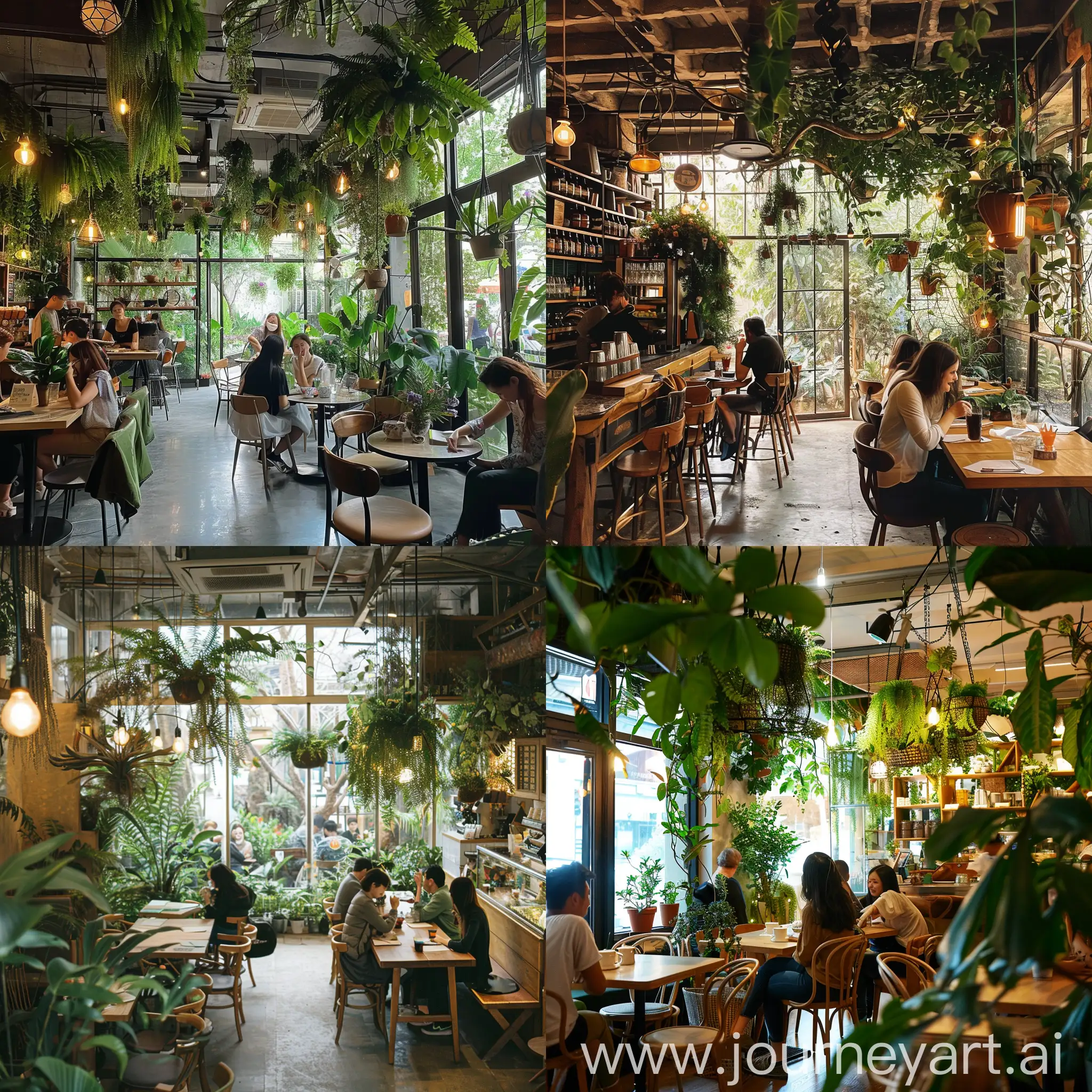 a cozy cafe with lots of greenery and satisfied guests