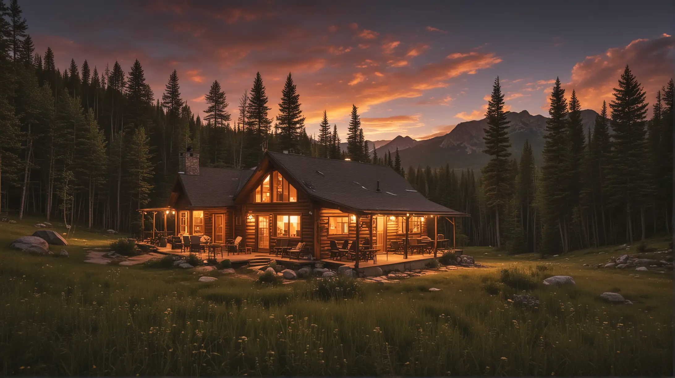 mountain cabin with soft lighting at sunset during the summer months