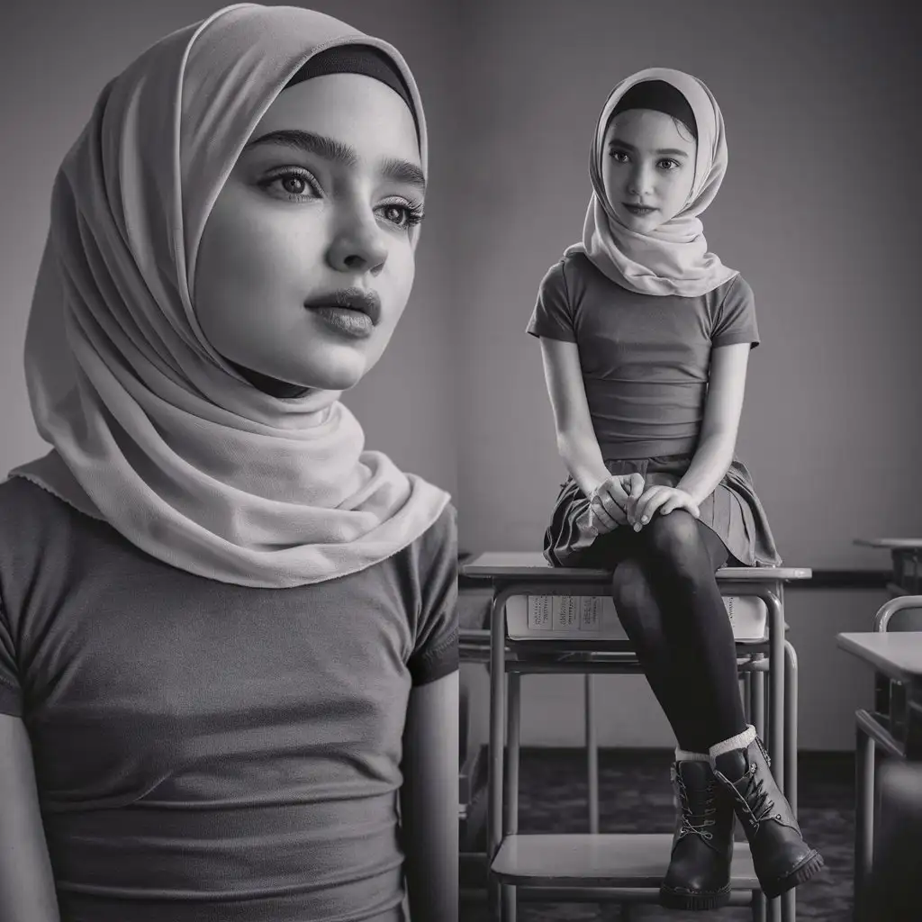 A beautiful girl.  14 years old. She wears a hijab, skinny t-shirt, so mini school skirt, black opaque tights, small winter boots,
She is beautiful. She sits on the desk.
Side eye view, in classroom, petite, plump lips.  Elegant, pretty, innocent