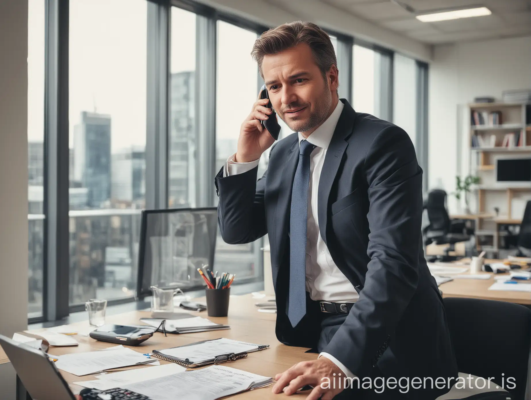 Photo of a ceo manager in the office talking on a mobile phone
