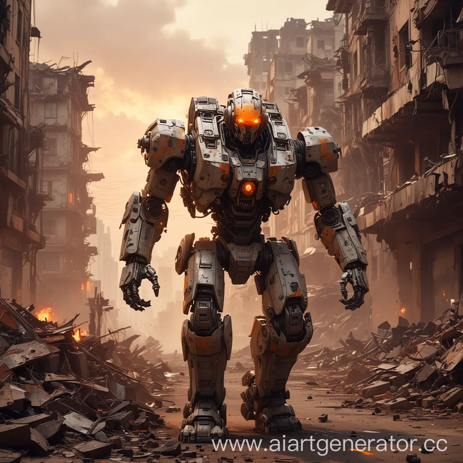 Огромный Робот-мех с горящими оранжевыми глазами идёт маниакально улыбаясь, за собой тащит раненного солдата, фон сзади разрушенный город, красные оттенки