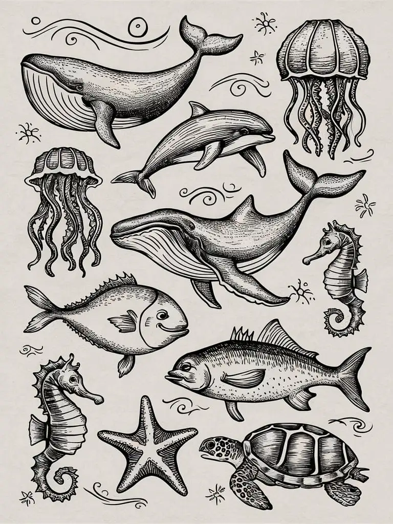 HandDrawn Collage Sketch of Various Sea Animals on Vintage Style Background