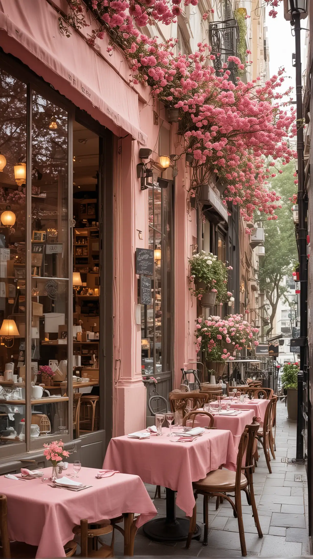 "Imagine a cozy pink-themed cafe bathed in natural light from floor-to-ceiling windows, creating a warm and inviting atmosphere. As you step inside, you see tables adorned with delicate pink tablecloths and fresh flowers, where patrons enjoy their meals and drinks. Capture the essence of this scene in your artwork or story, depicting the mingling aromas of coffee and pastries, the soft chatter of patrons, and the serene ambiance that envelops this charming cafe."



