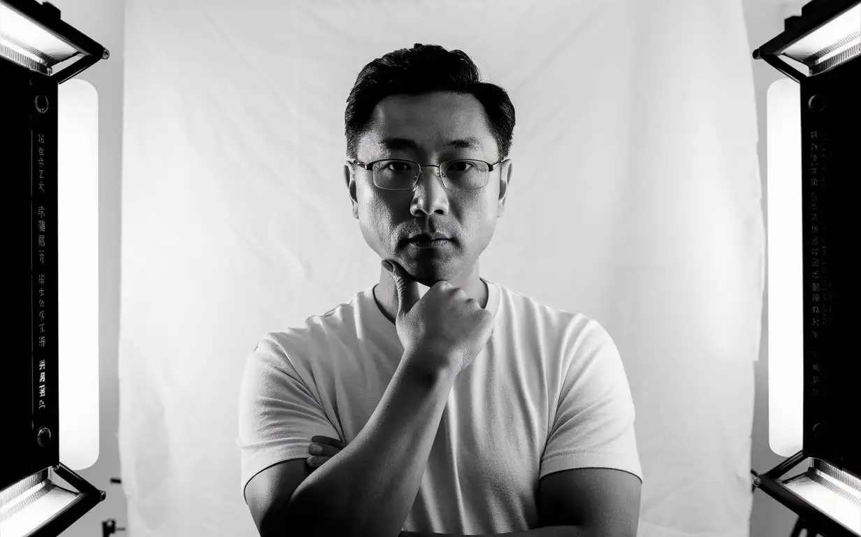 A portrait of an Chinese man with glasses, wearing a white t-shirt, with his hand on his chin, in black and white photography, with high contrast, facing the camera, looking straight ahead against a white background, in the style of a Hasselblad X2D color flash photo. --ar 49:64 --v 6.0 --style raw