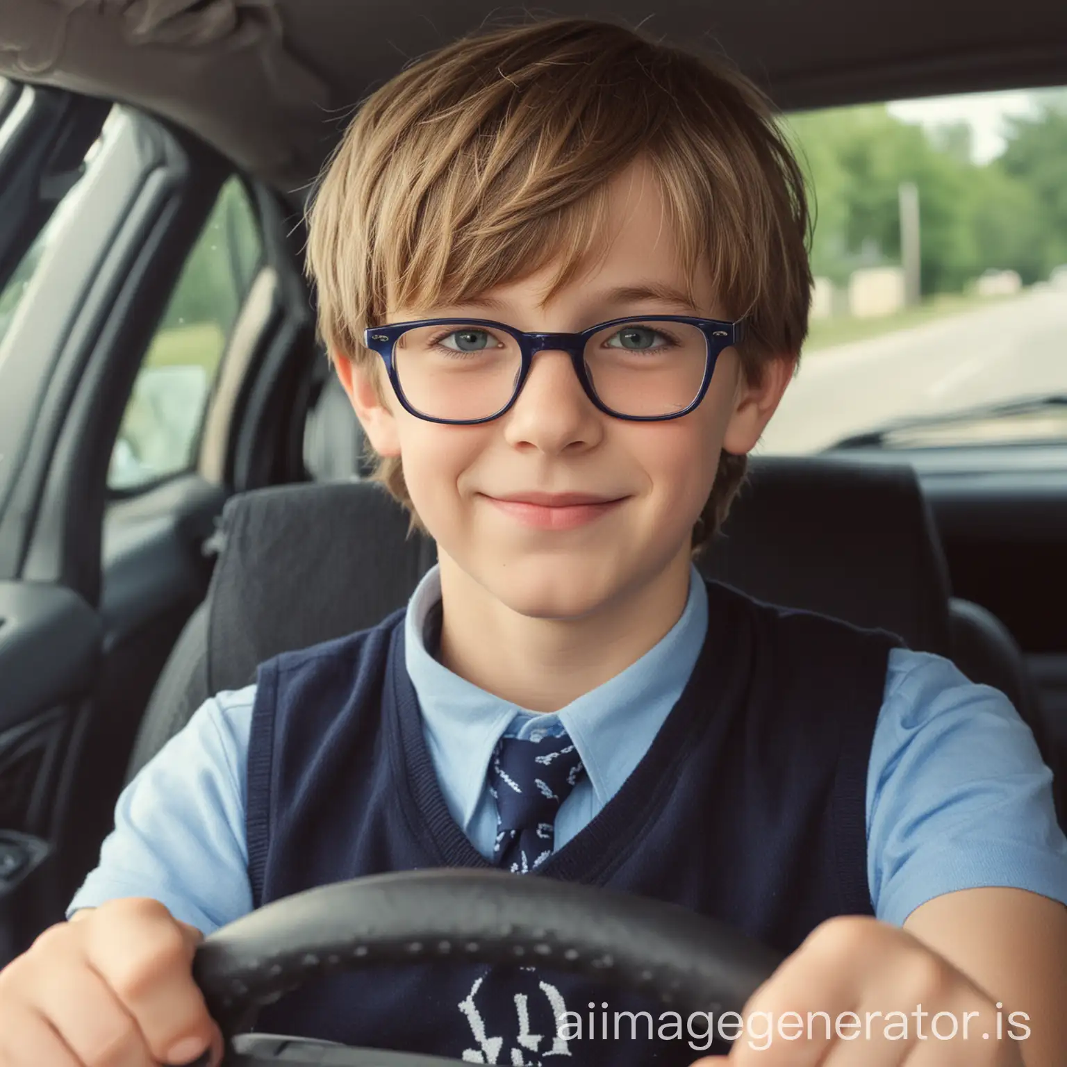 11 year old boy, wearing reading glasses, cute, fair skin, nerd, pale skin, dark blonde hair, very handsome, wearing blue singletnDriving a manual car