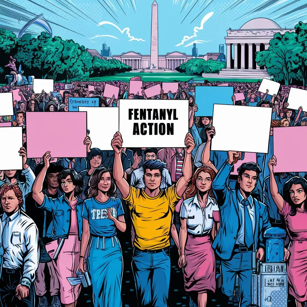A protest march for fentanyl action in Washington DC, with diverse participants holding blank signs (Pop Art style) in pink white and blue