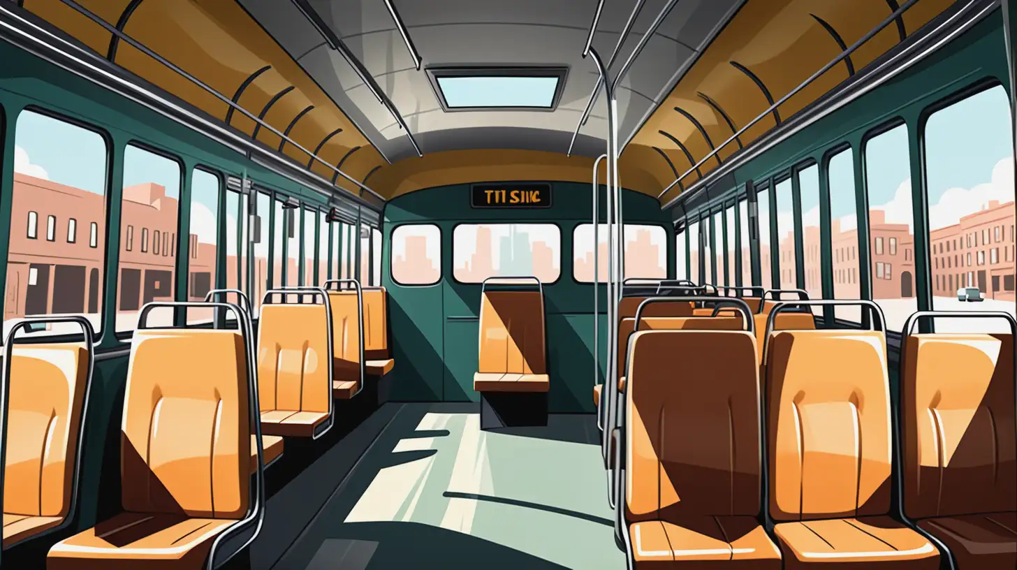 cartoon inside of big old fashioned city bus with no people and full length seats