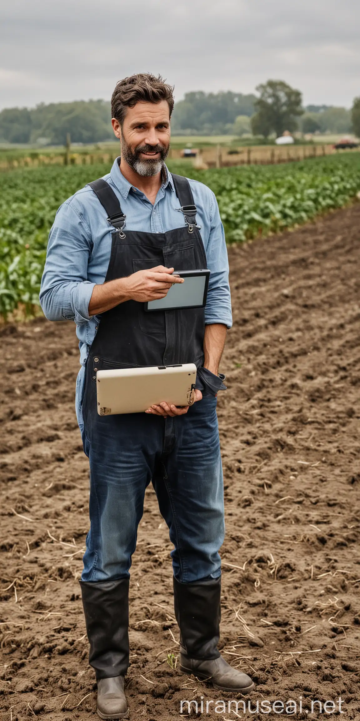 TechSavvy Farmer Using Control Tablet in Modern Agricultural Setting