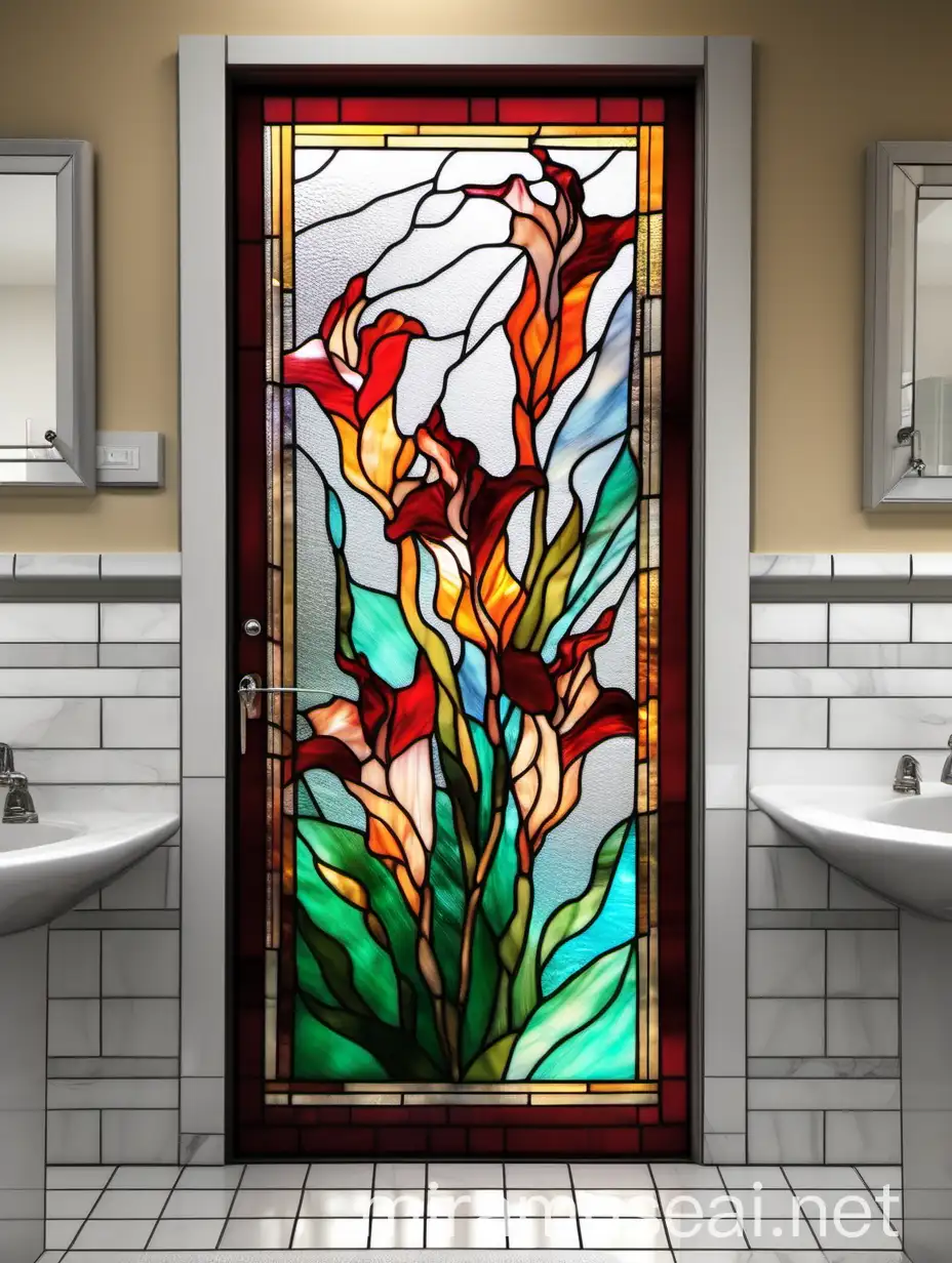 Витраж с абстрактным изображением  цветков гладиолуса, плавными линиями, на двери в ванной, из цветного стекла тиффани 
