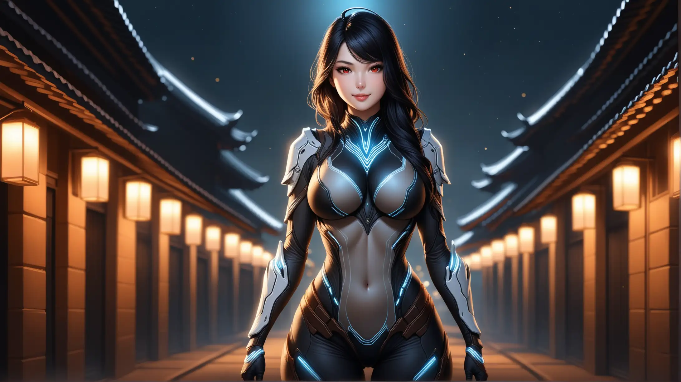 Draw a woman, long wavy black hair, ahoge, red eyes, shapely figure, high quality, realistic, accurate, detailed, cowboy shot, night lighting, outdoors, outfit inspired by Warframe, seductive pose, smiling toward the viewer