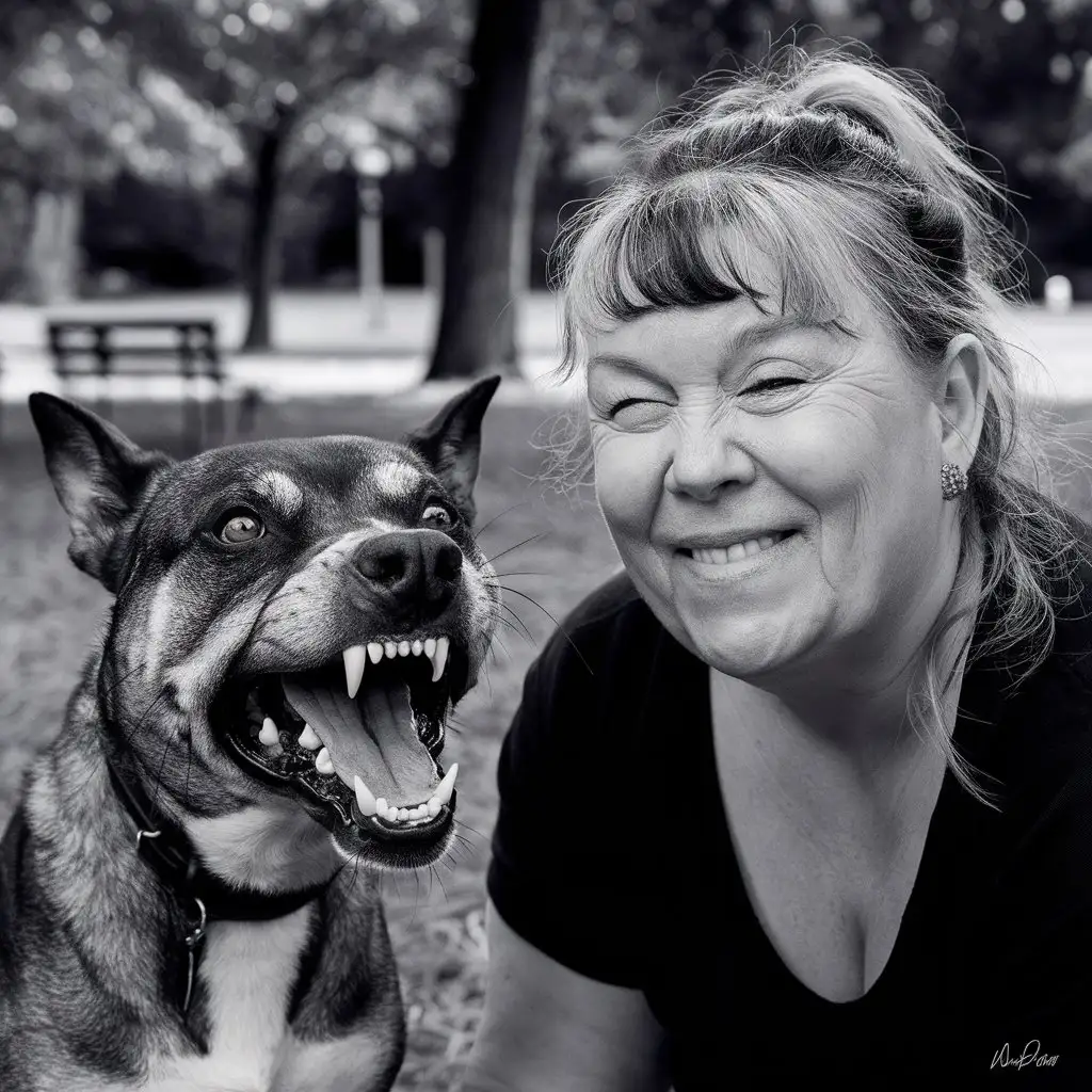 slightly ugly 50 year old woman winking at aggressive dog showing teeth