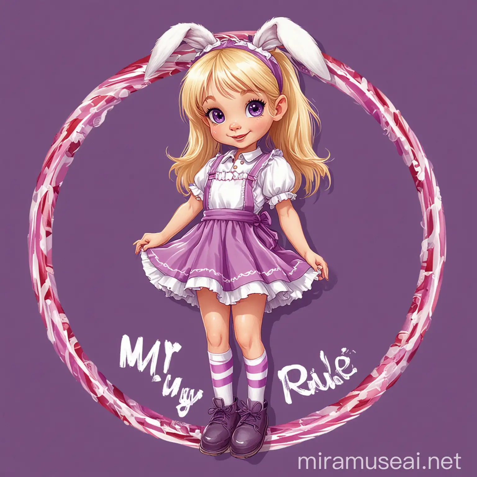 Circle logo for children story book that has a title 'my body, my rule'.
little blond girl with bunny ears, purple knee long skirt with white apron.
Purple and white candy cane stockings.
Cartoon style