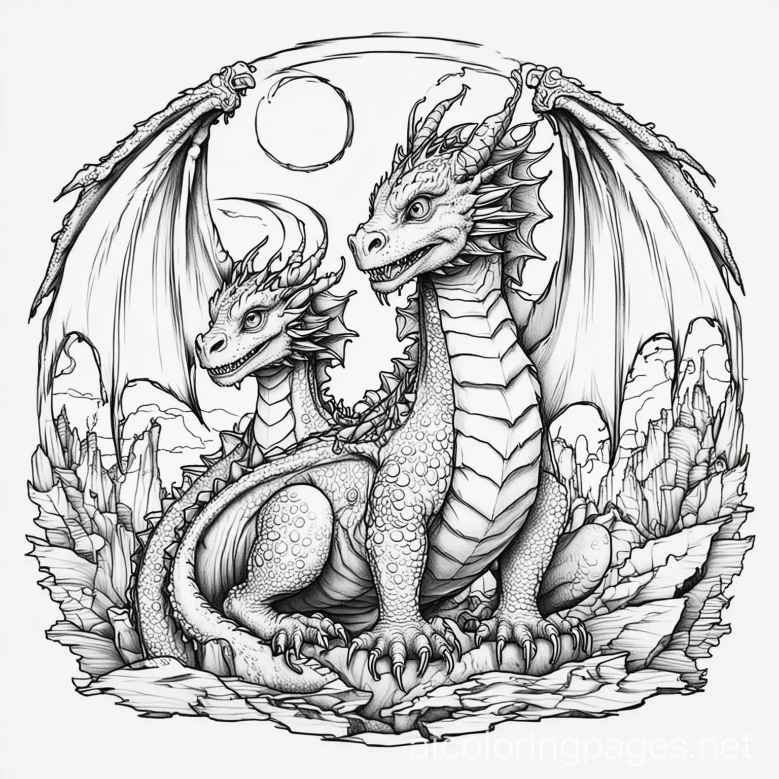 dragons for kids
, Coloring Page, black and white, line art, white background, Simplicity, Ample White Space. The background of the coloring page is plain white to make it easy for young children to color within the lines. The outlines of all the subjects are easy to distinguish, making it simple for kids to color without too much difficulty