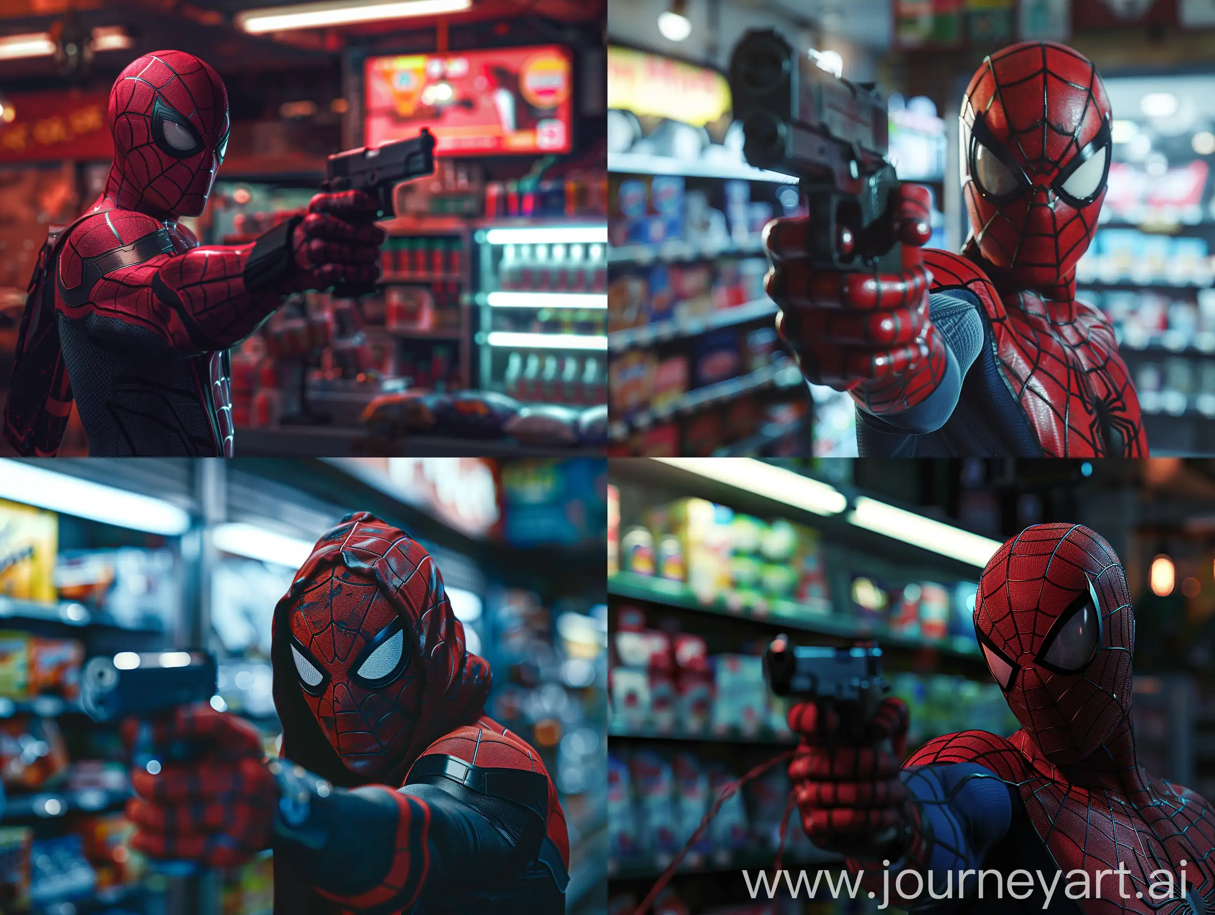 Человек паук грабит магазин пистолетом, задний фон товары, ночное время суток, 8к, реалистично, острый фокус, супер детализация, максимум деталей