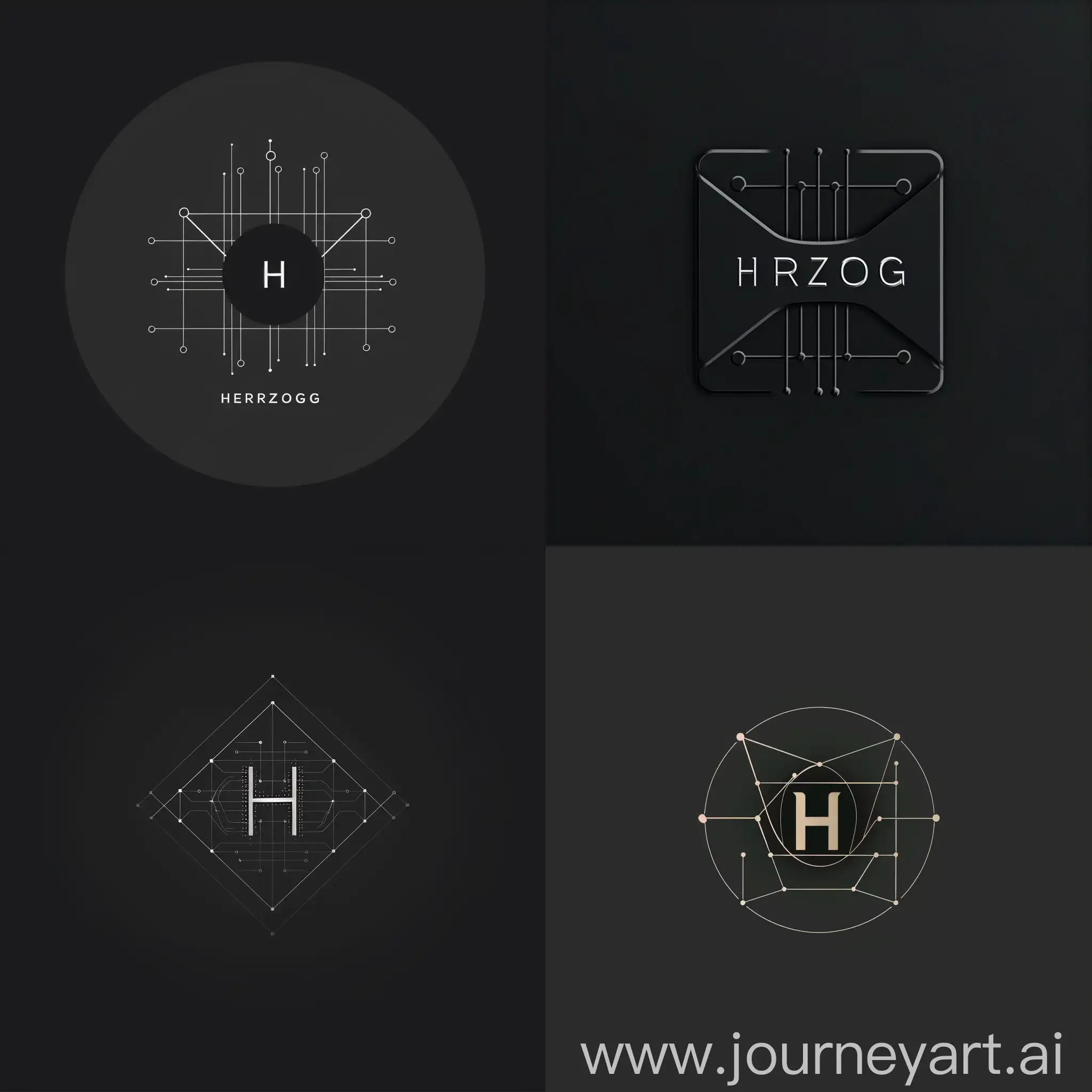 Создай логотип, для IT-компании с названием HERZOG, где по середине будет буква "H" и сеть интернет, минималистичный, но очень красивый и которого ни у кого нет, в тёмных оттенках