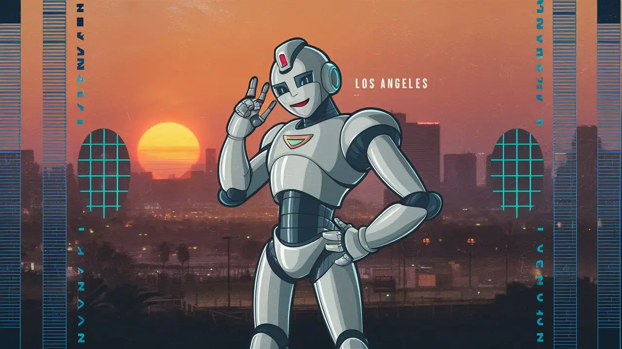 a  90s anime style, a silver robot, synthwave, natural gradient color pallette, visuals, grainy photo,background, 90s, los Angeles in the background, posing, futurism, 80s, vintage synthwave, retro, VHS filter effect, vibrance, atmospheric,the image has a relaxing  mysterious vibe, orange sunset, silhouette, blue grids in front of the city, close up, front view