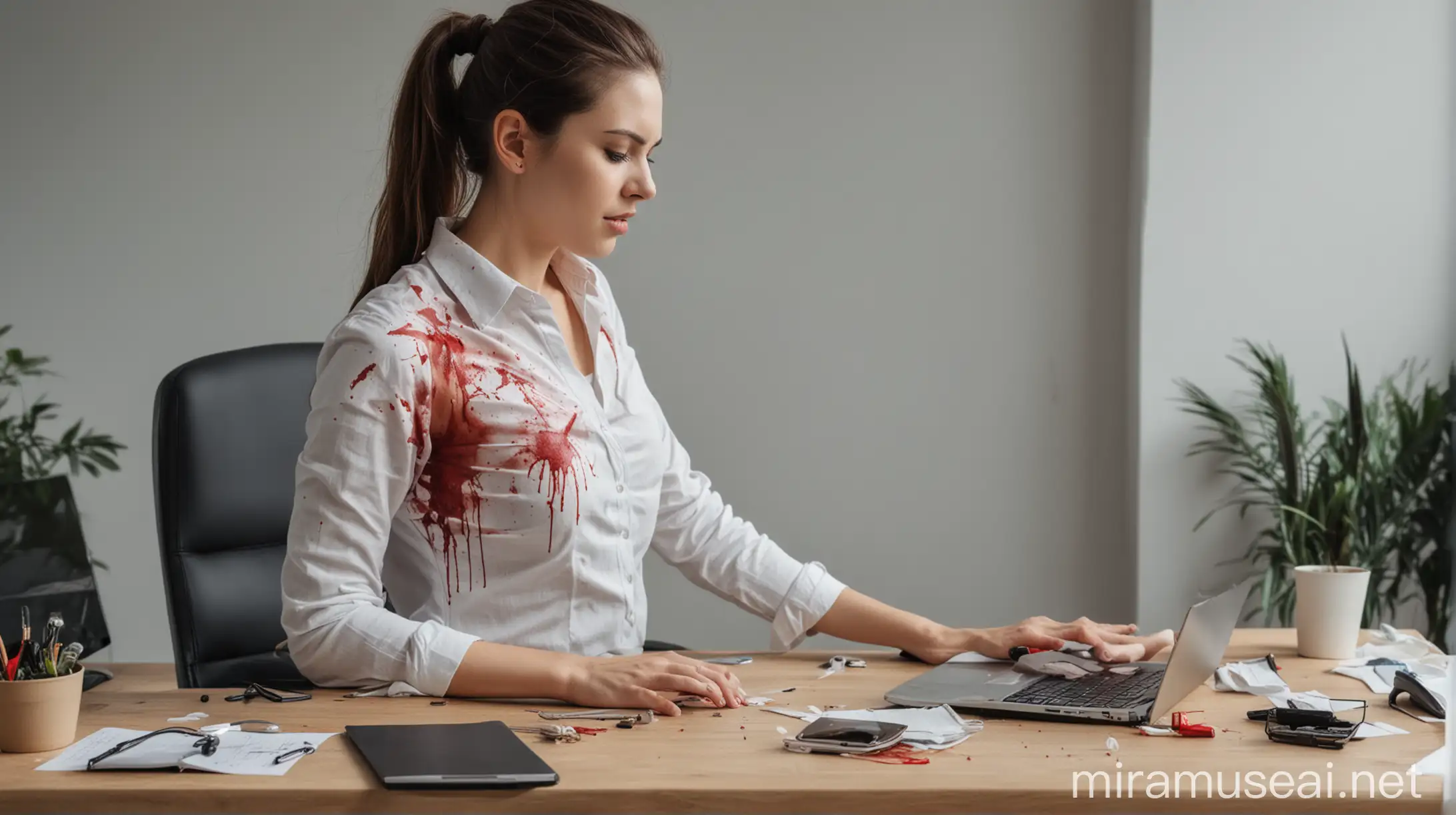Woman Struggling with Bad Posture and Bleeding Hands at Office Desk