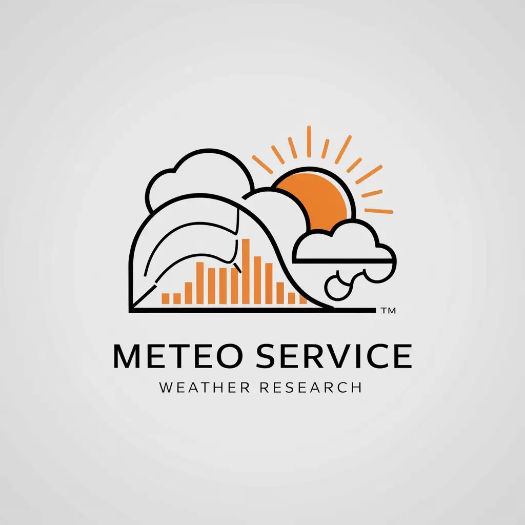 a logo design,with the text "METEO SERVICE weather research", main symbol:A Gaussian curve plus histogram and clouds with an orange sun and sun rays to the right, partially behind the curve,Minimalistic,be used in Technology industry,clear background