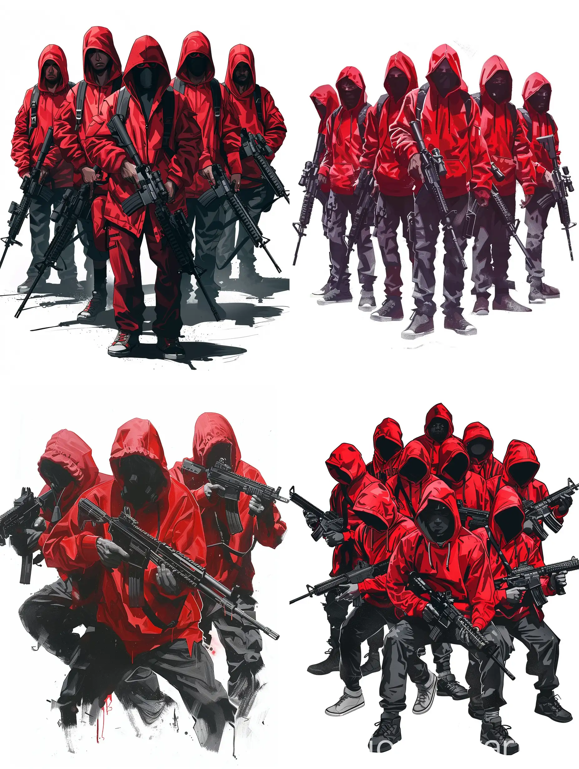 Нарисуй рисунок группу людей в красной толстовке и черных штанах с оружием в руках. Рисунок должен быть в стиле компьютерной игры ГТА 5. Строго белый фон!