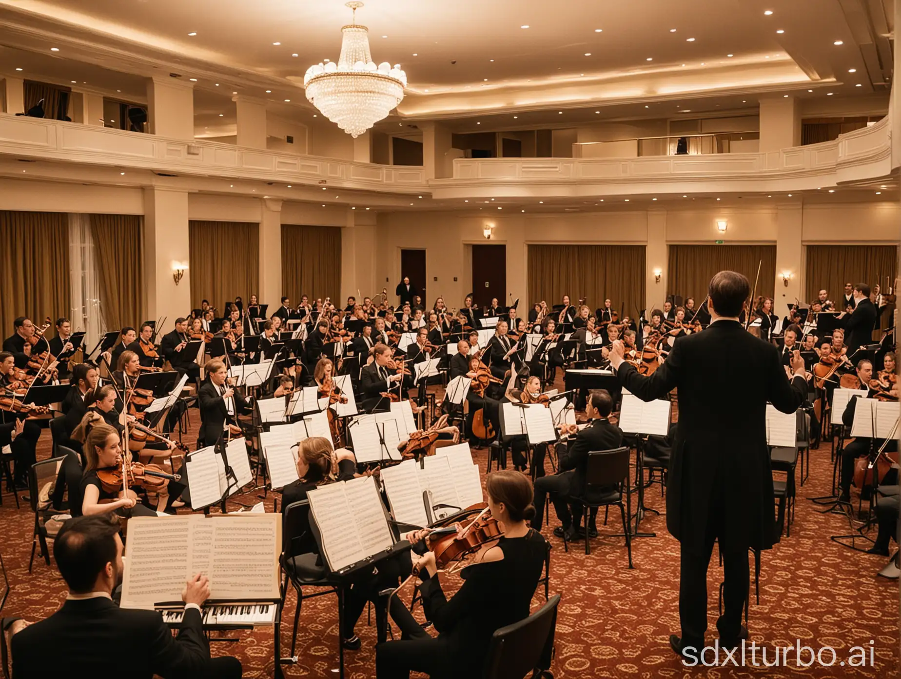 An orchestra is performing in a hotel.