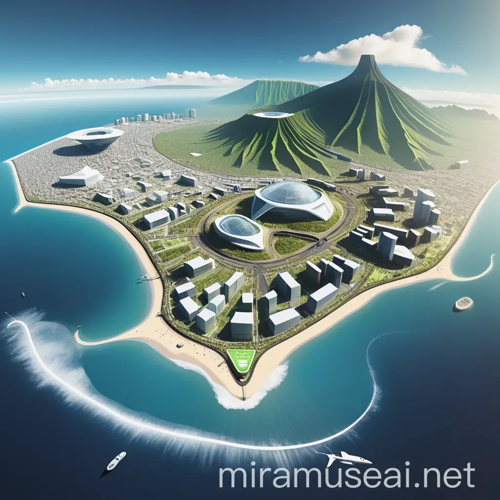 illustration of the island of Réunion in 2030; developed digitally; artificial intelligence; ultra-connected
