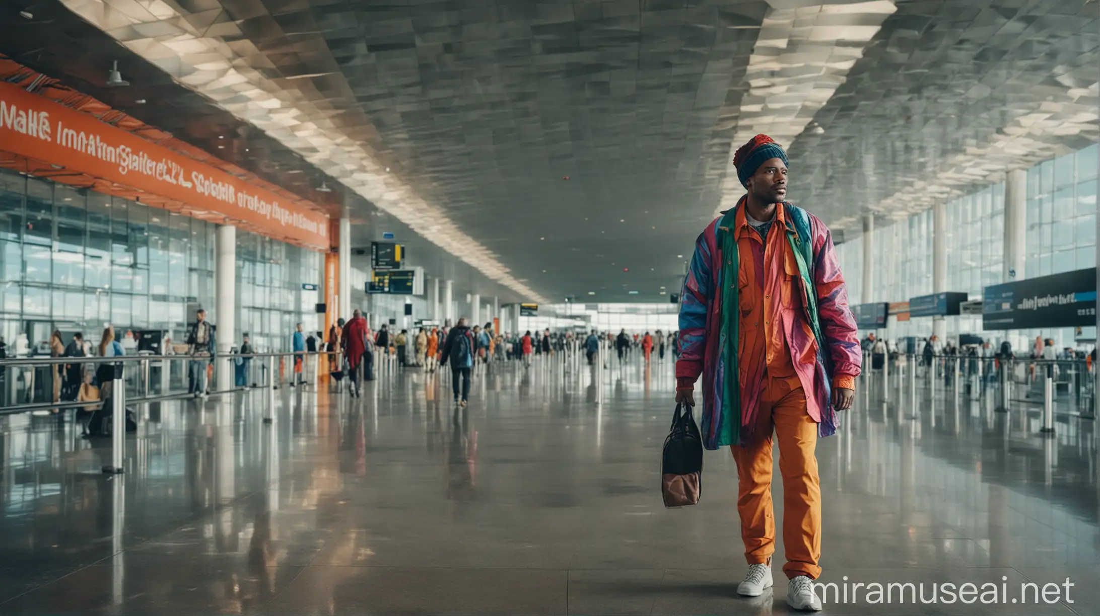 cinematic image of man wearing excessive layers of colourful clothing in an airport