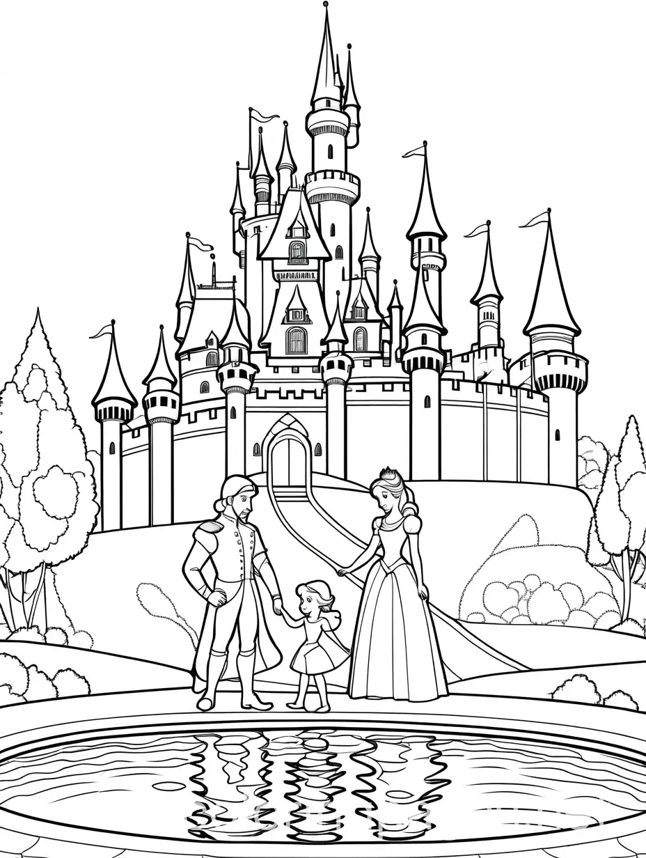 Princess and prince with a pool and a castle, Coloring Page, black and white, line art, white background, Simplicity, Ample White Space. The background of the coloring page is plain white to make it easy for young children to color within the lines. The outlines of all the subjects are easy to distinguish, making it simple for kids to color without too much difficulty