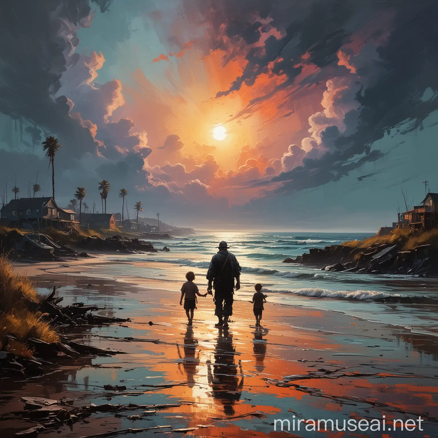 impressionist interpretation of a post apocalyptic beach town landscape with bold colors and distinct brushstrokes, vibrant, textured, atmospheric, the silhouette of sea father with his two childeren