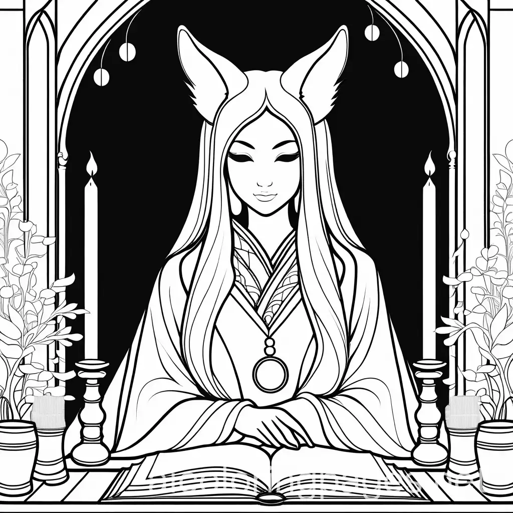 Kitsune-Woman-Surrounded-by-Candles-and-Spellbooks-Coloring-Page