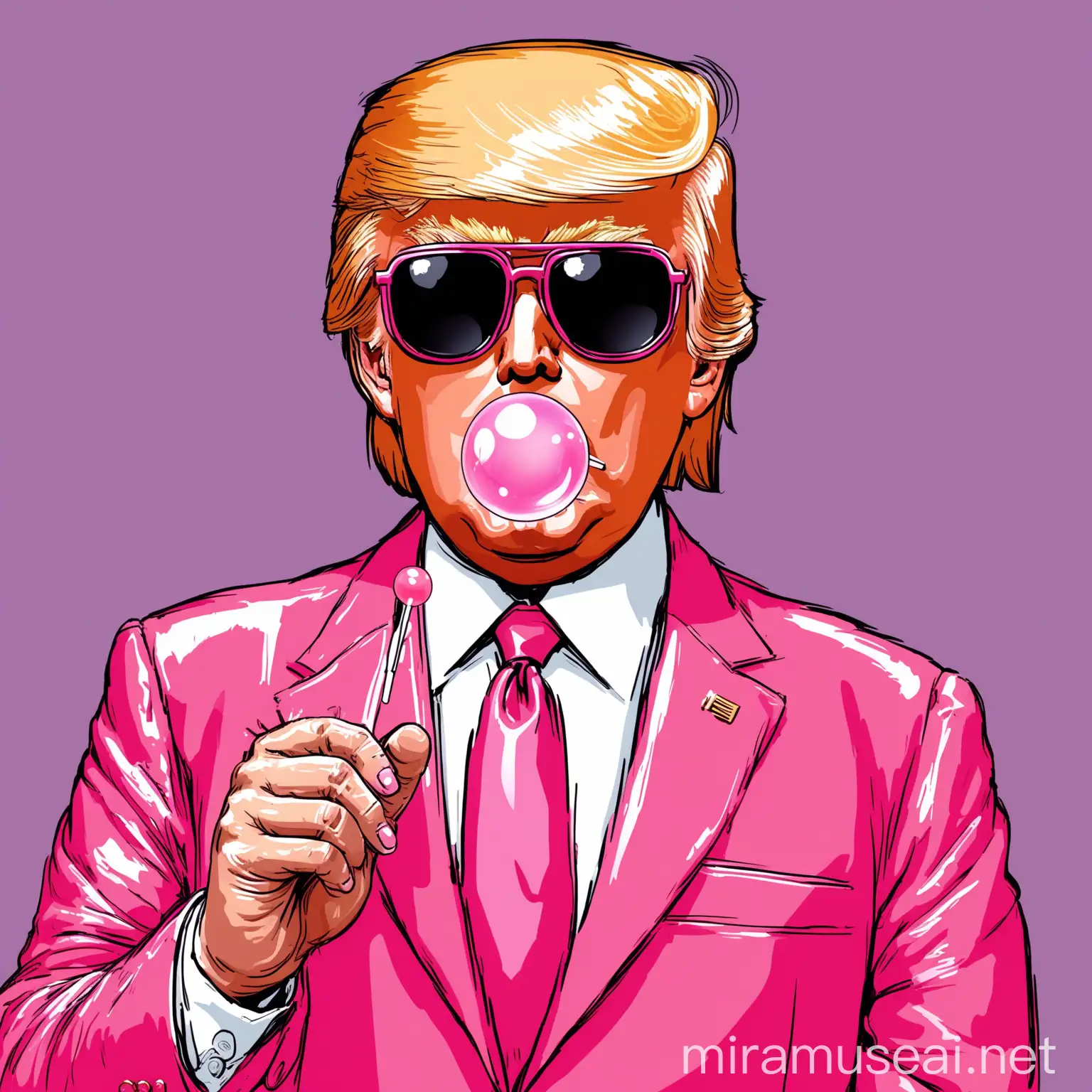 illustration of Donald Trump in pink suite, hand holding a lollipop, blowing a bubble gum, wears sunglasses
