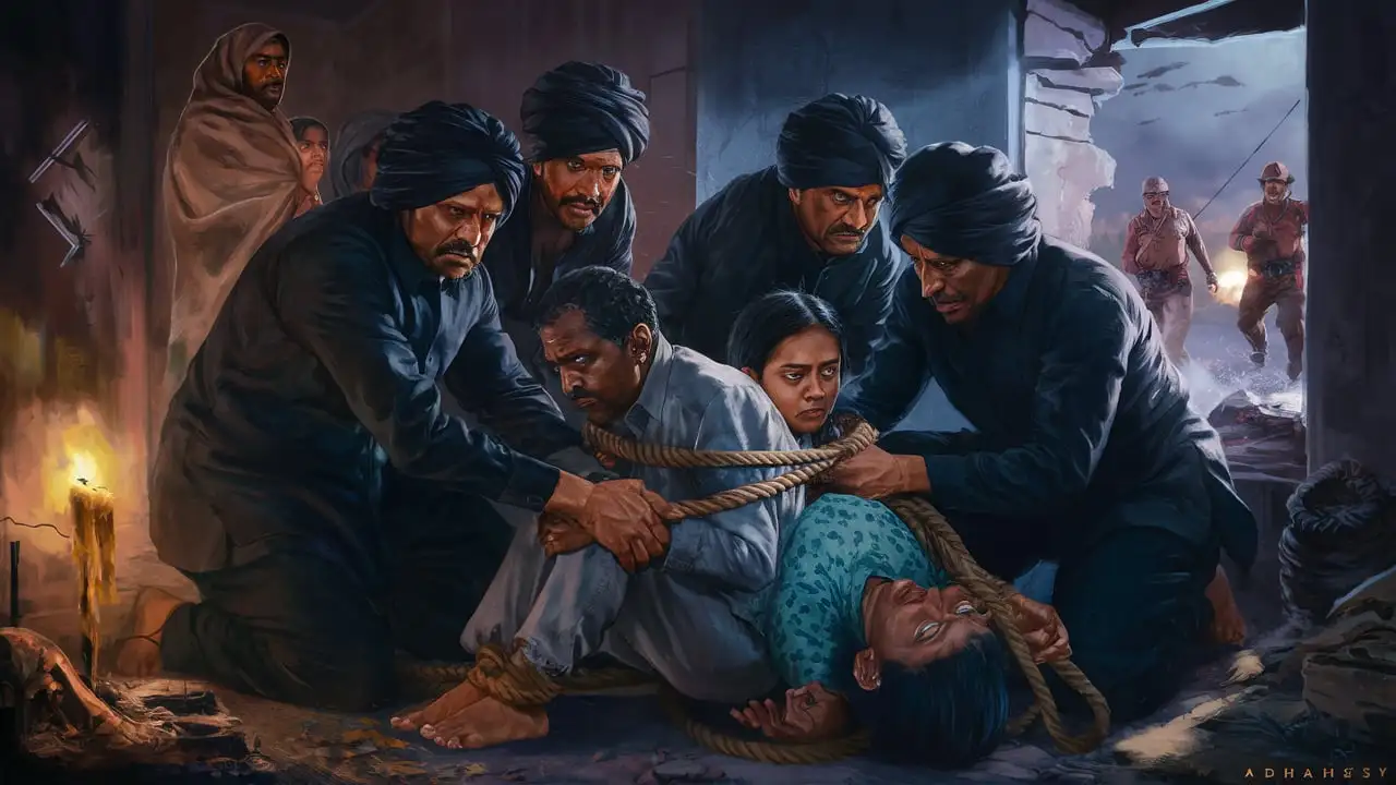Some Indian people wearing black clothes have tied a family with a rope.

