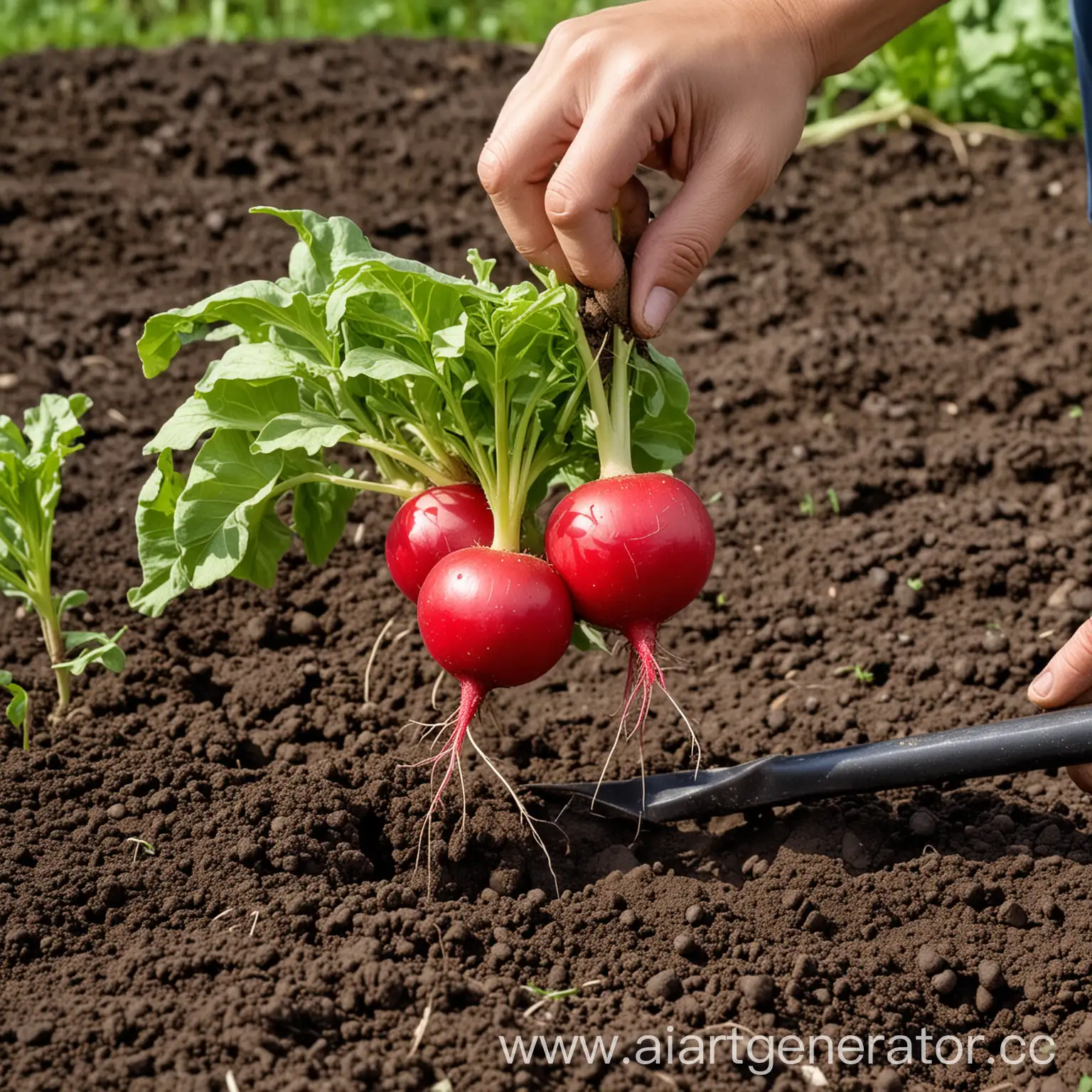 Harvesting-Radishes-in-the-Garden-with-a-Shovel