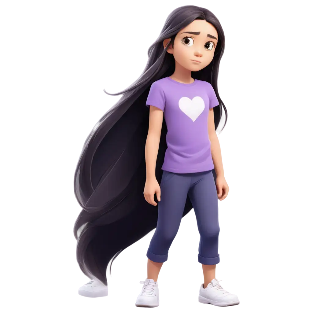 cartoon drawing: A beautiful little girl with white skin, big hazel eyes and long black hair but not too long. She sad. She is around 13 years old. She is wearing a purple t-shirt and pants and white shoes. She has white skin. she is very sad. Make it more like a drawing and not like a photo. she is waliking. and she is surprised

.