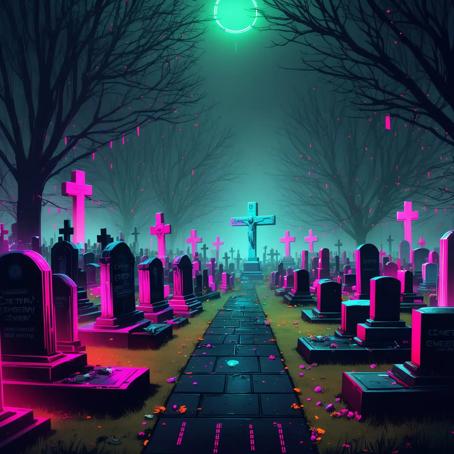 cemetery, party, cyberpunk, no people, slightly enhancing party atmosphere