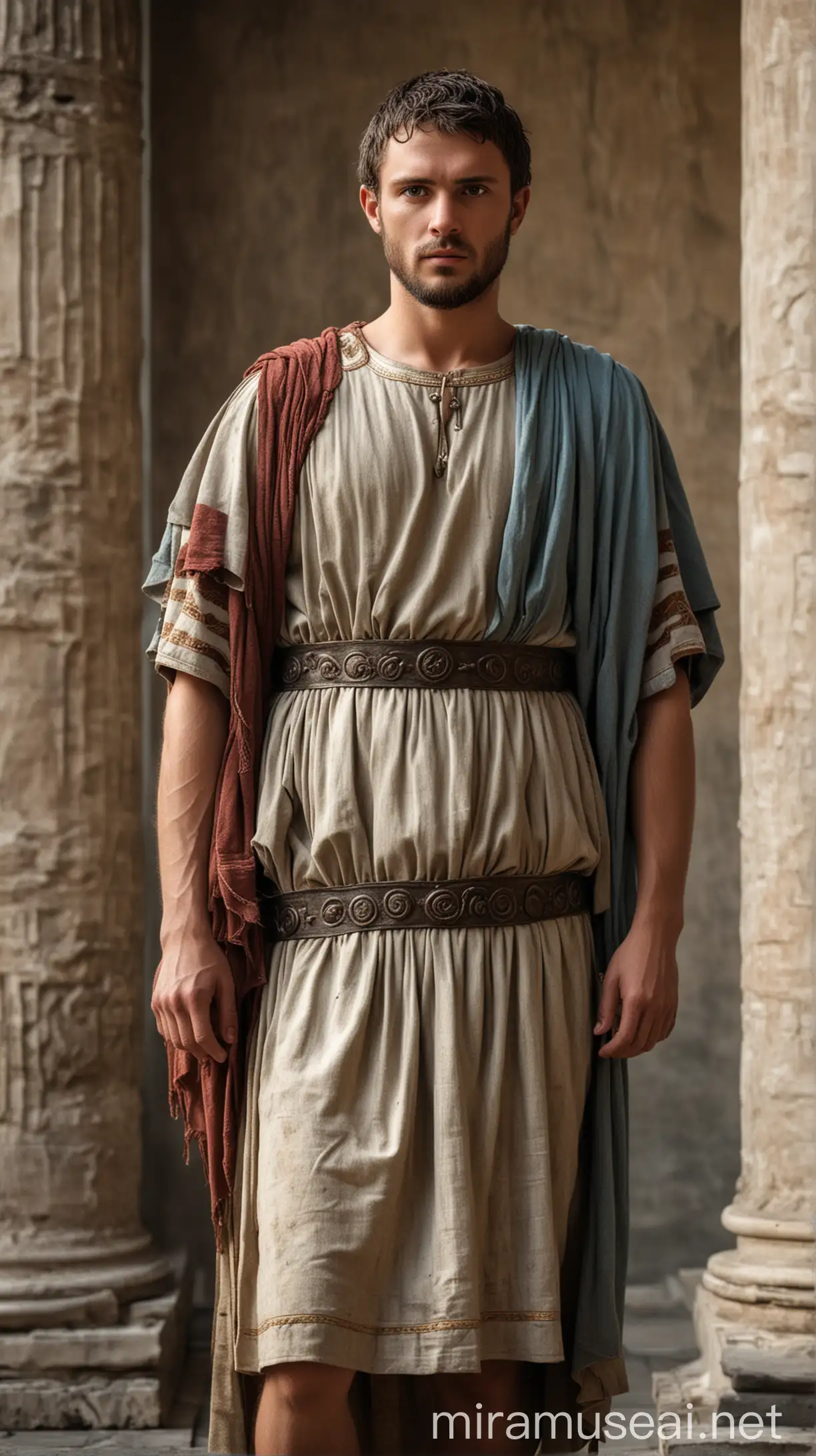 A portrait of Quartus, an early Christian, dressed in simple ancient Roman clothing, with a serene expression, standing against a backdrop of the 1st century AD." In ancient world 
