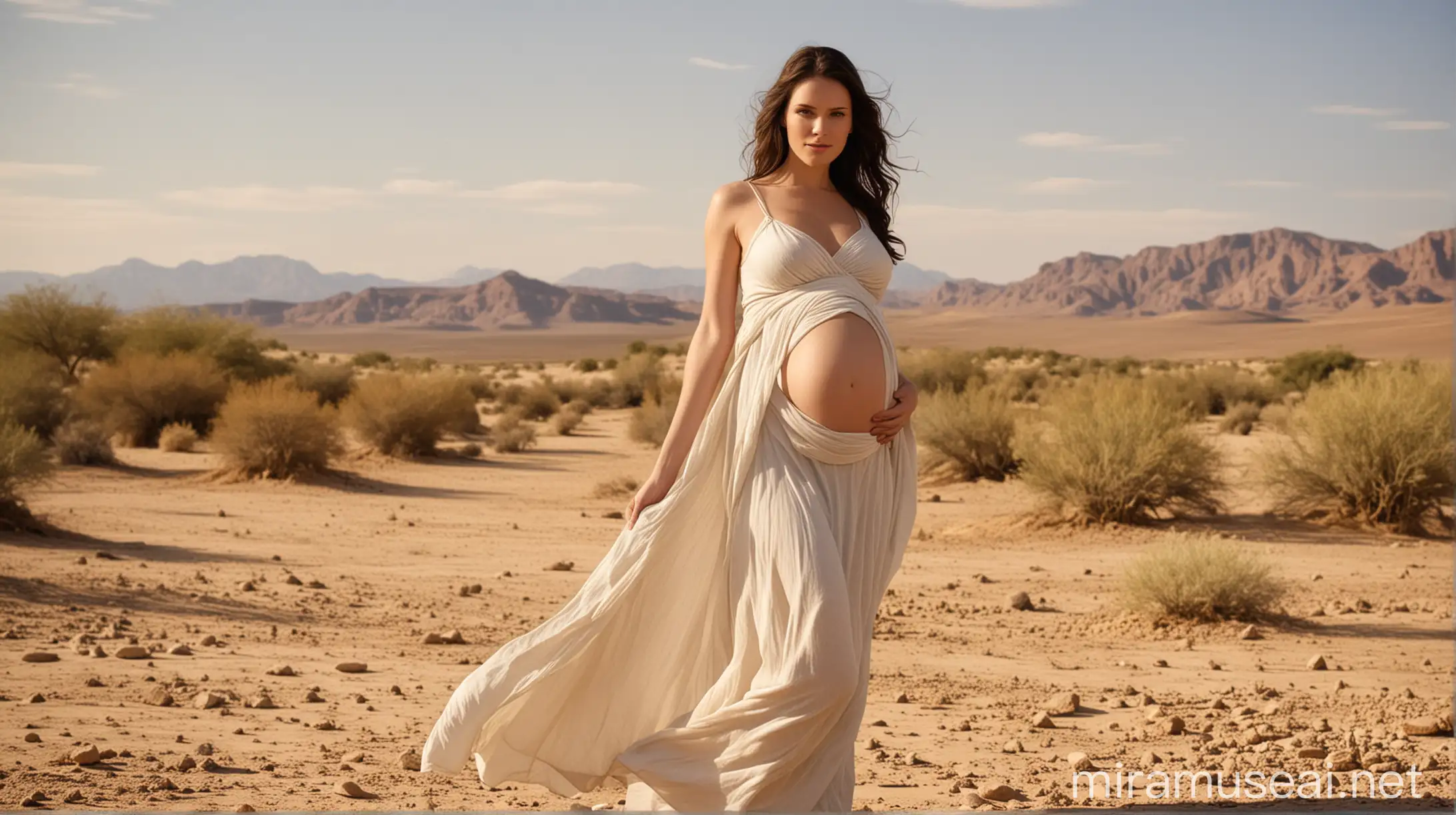 An Attractive pregnant woman, in a desert scene, during the era of the Biblical Moses