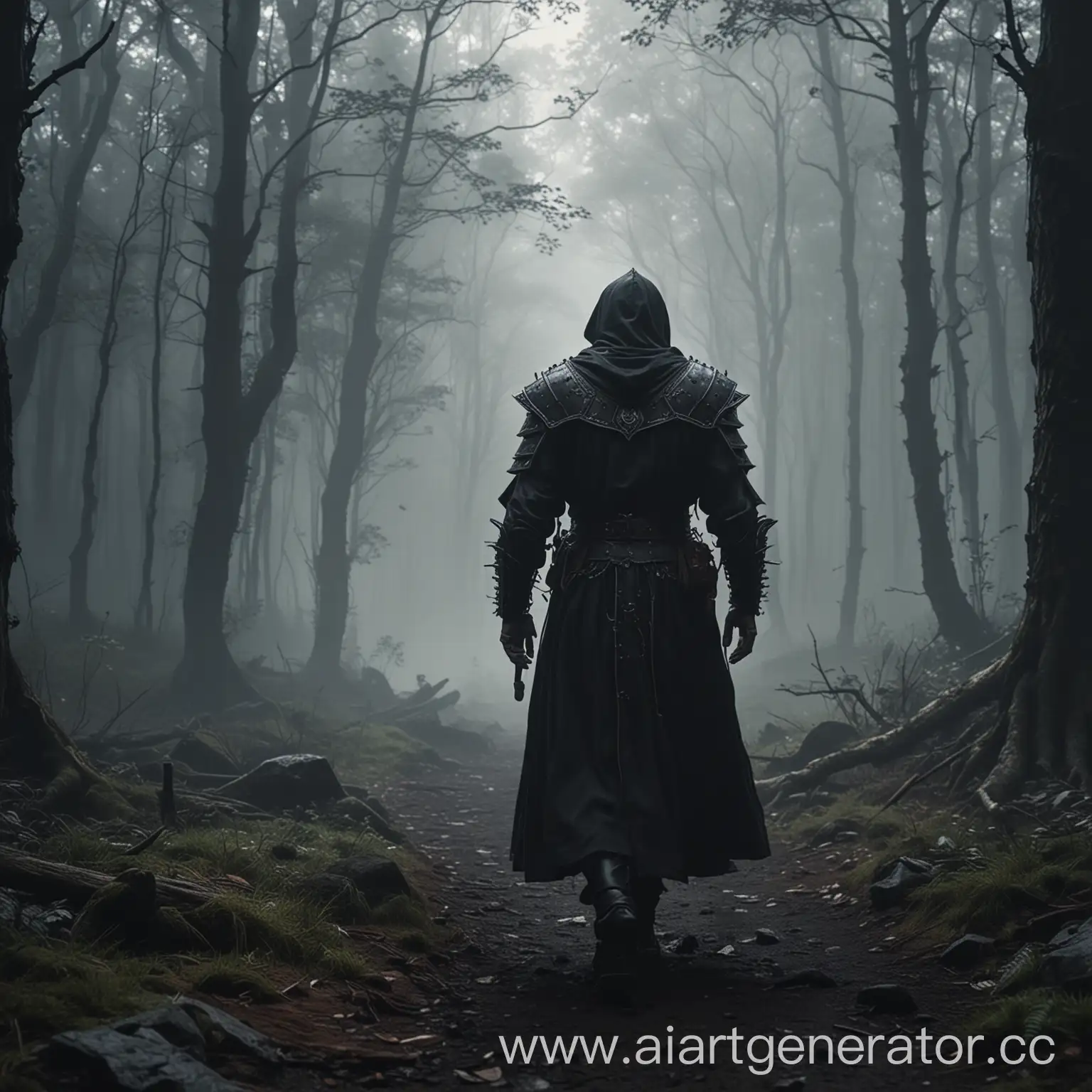 человек, жрец, в тёмных латах, бродит по туманному лесу, 4к качество