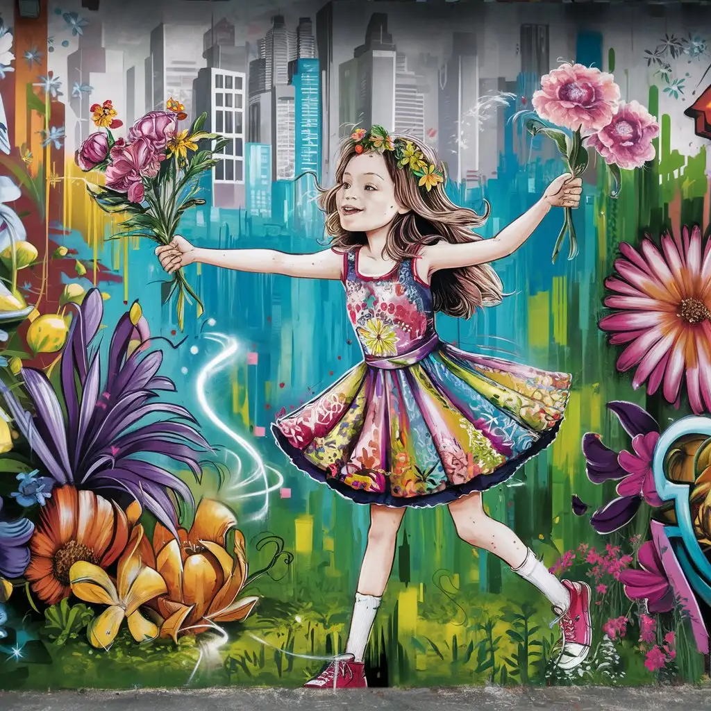 Teenage Girl Giving Flowers Urban Wall Art Graffiti