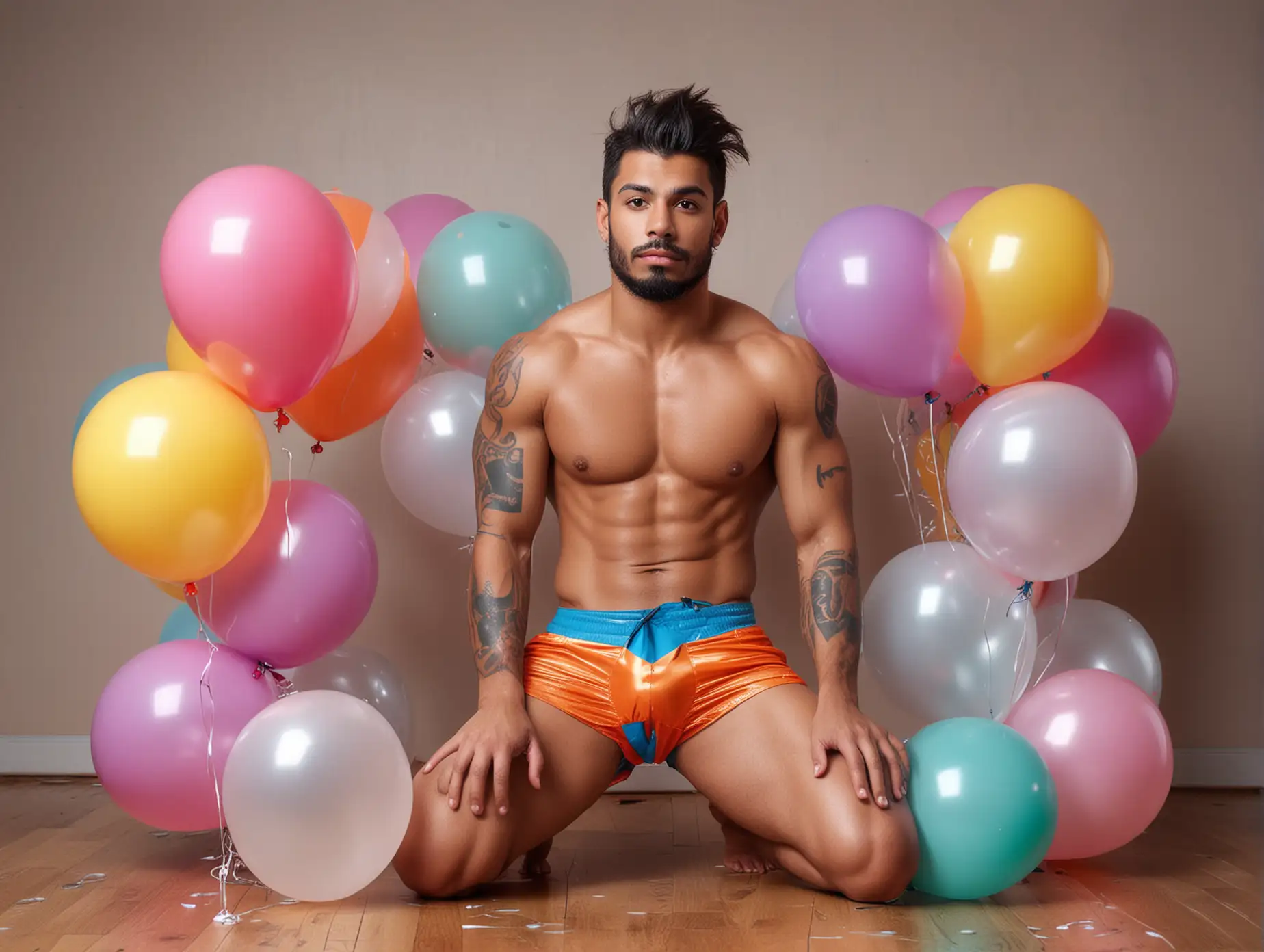 Muscular Latino Man in Colorful Boxer Shorts Surrounded by Giant Balloons |  AI Image Generator