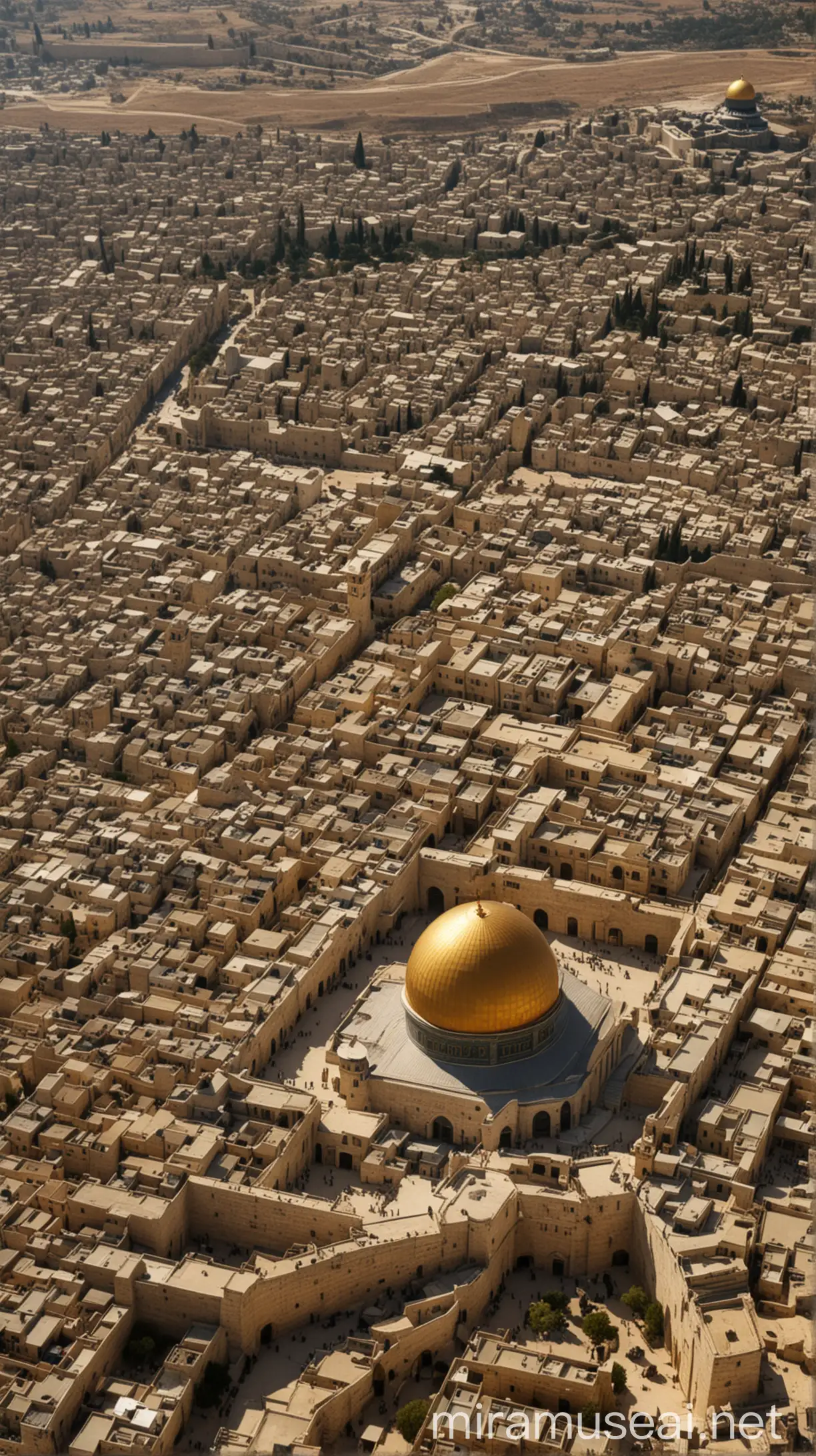 An aerial view of Jerusalem's Old City, with the iconic golden dome of the Al-Aqsa Mosque shining in the sunlight, surrounded by ancient walls and bustling streets below. The image captures the historical significance of the mosque as a symbol of Islamic presence in Jerusalem and its importance as a beacon of faith and resistance.
  with islamic tradition , HD and 4K