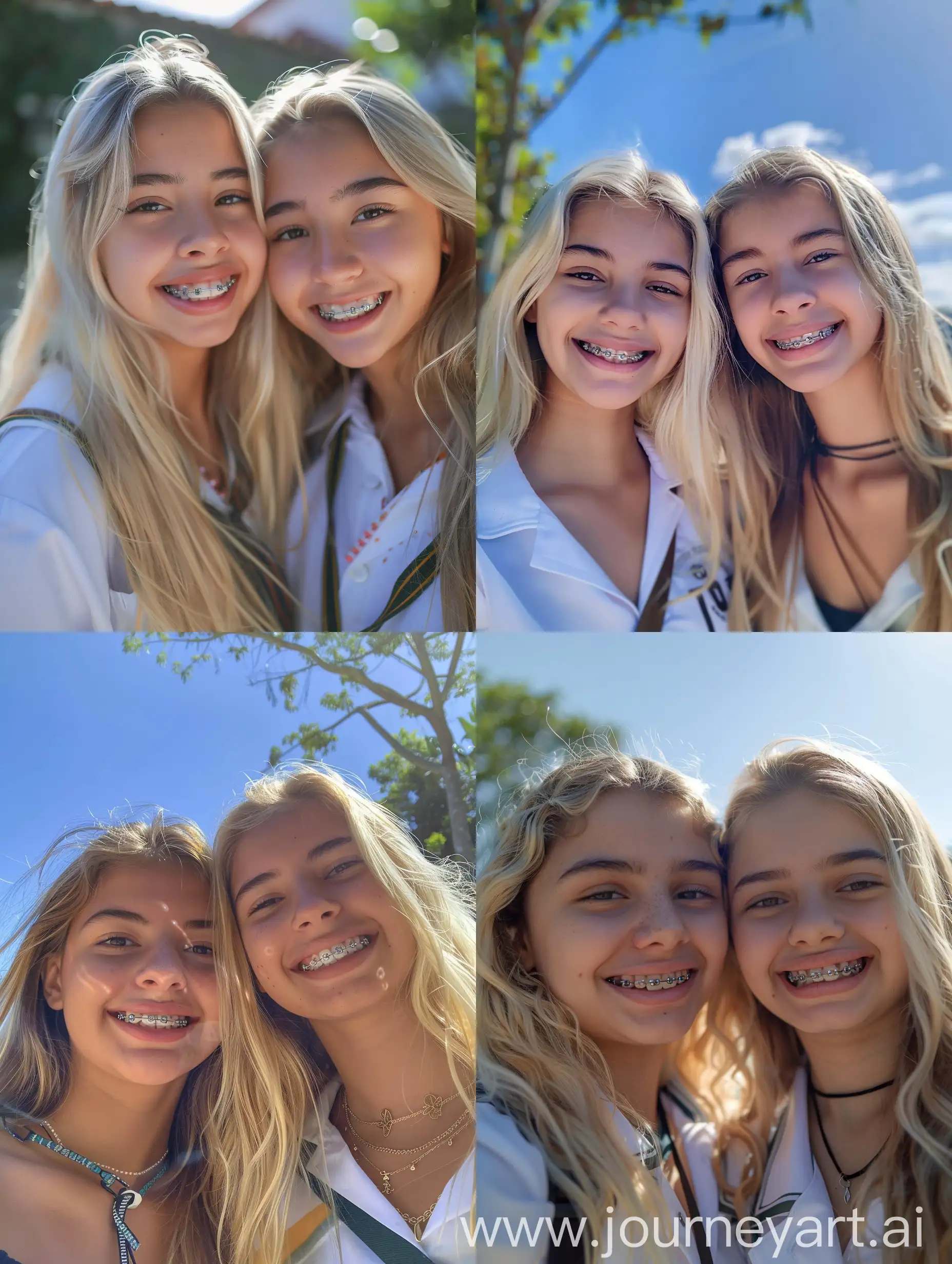 2 brazilian  girls, 19 years old, blonde hair, sunny day, smiling, makeup, beauty, school uniform, dental braces, full body