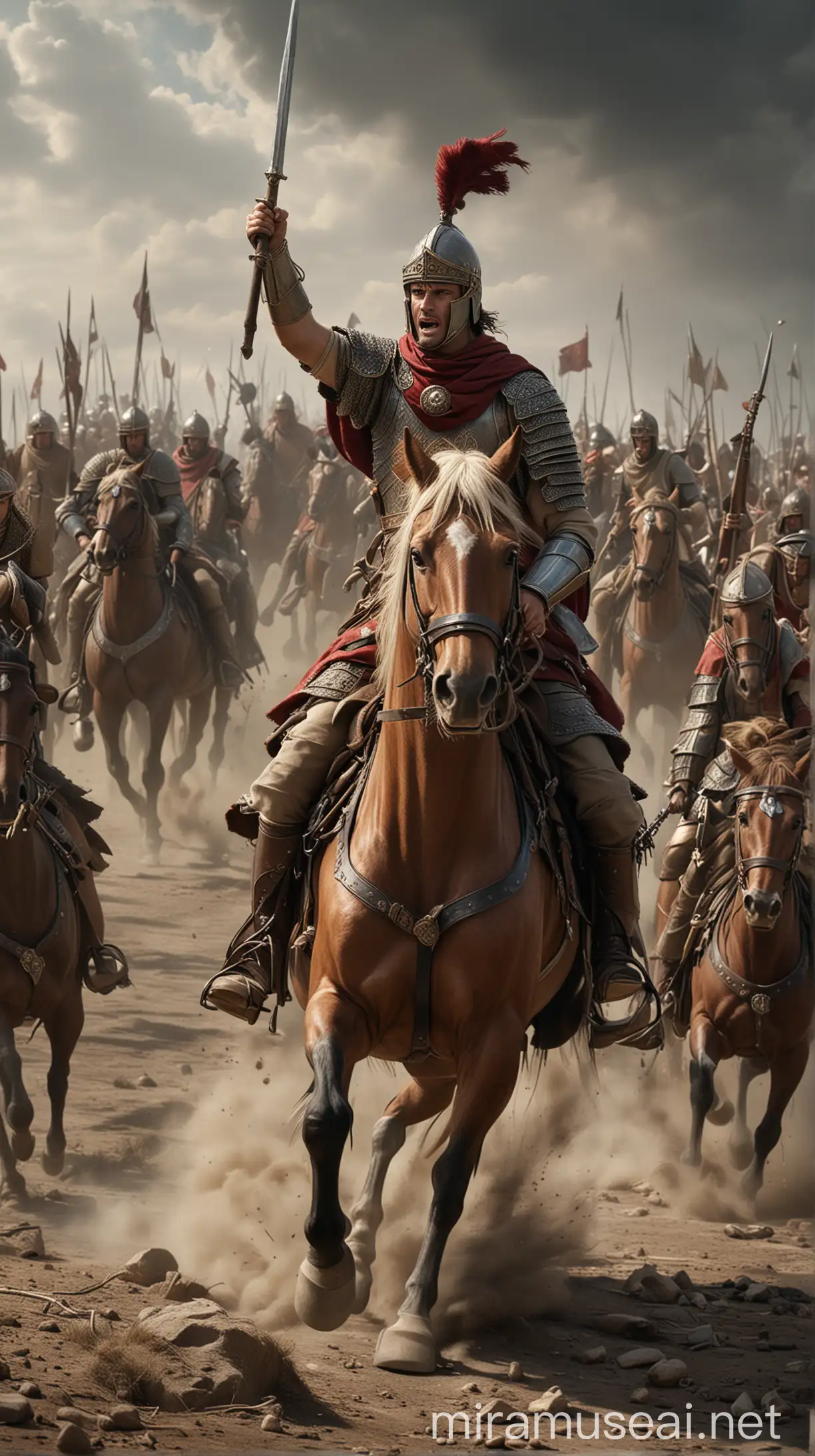 Alexander leading his troops into battle, charging on horseback. hyper realistic