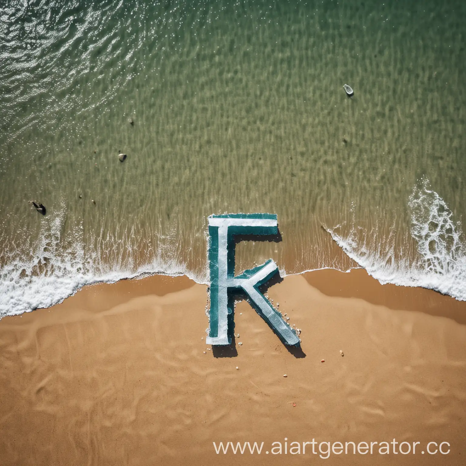 Ледяная фигура буквы «R» под пляжным зонтиком на фоне моря 